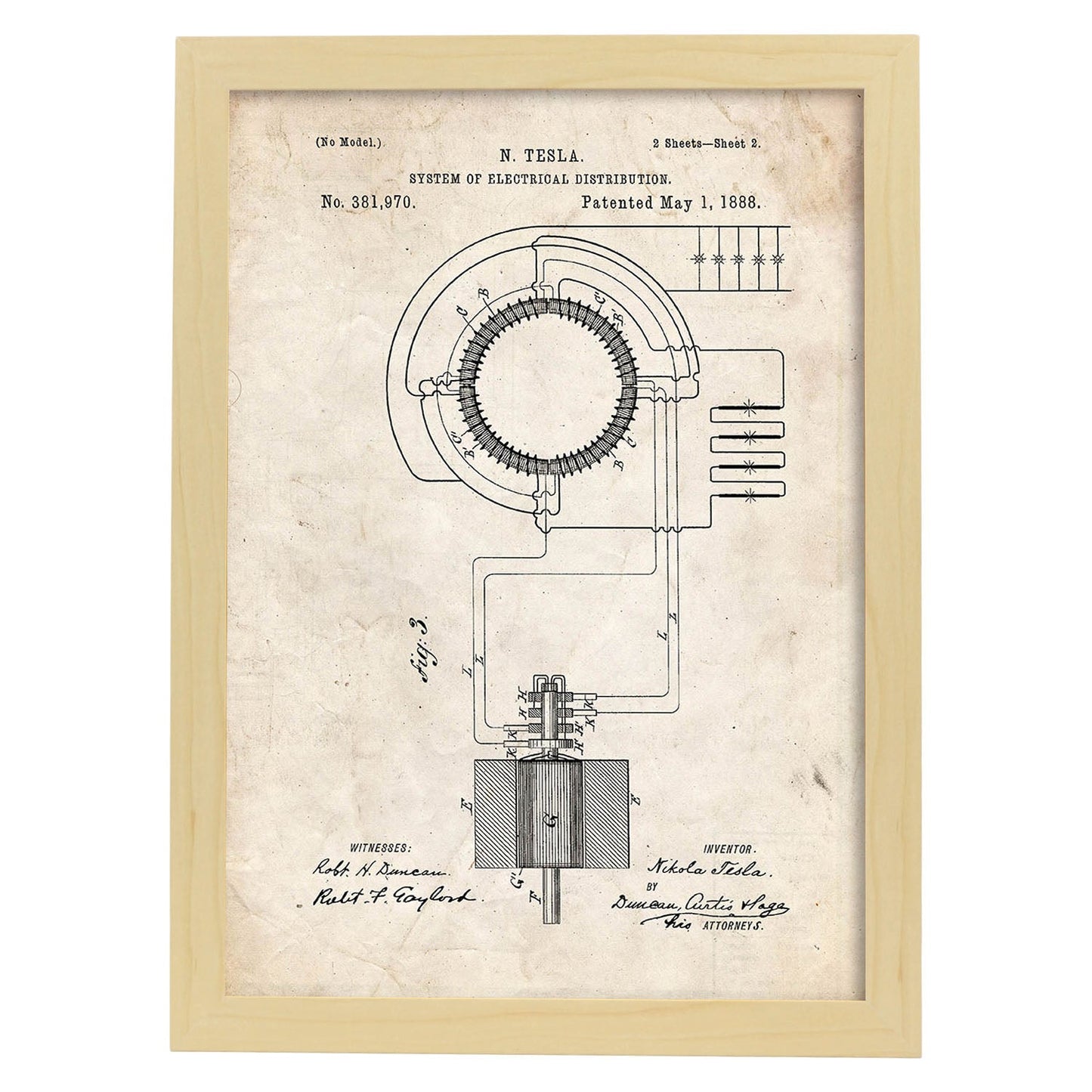Poster con patente de Sistema de distribucion electrica. Lámina con diseño de patente antigua.-Artwork-Nacnic-A4-Marco Madera clara-Nacnic Estudio SL