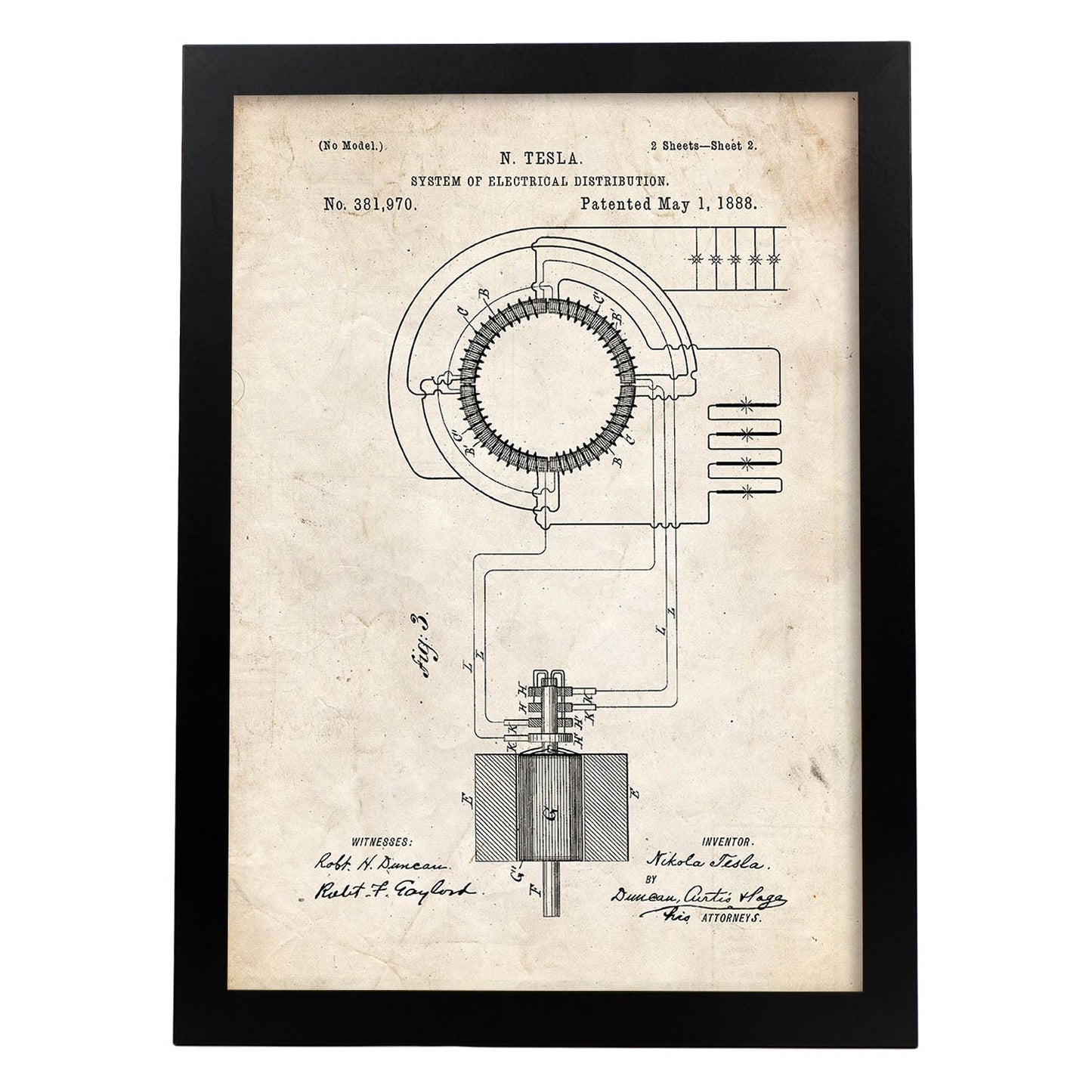 Poster con patente de Sistema de distribucion electrica. Lámina con diseño de patente antigua.-Artwork-Nacnic-A4-Marco Negro-Nacnic Estudio SL