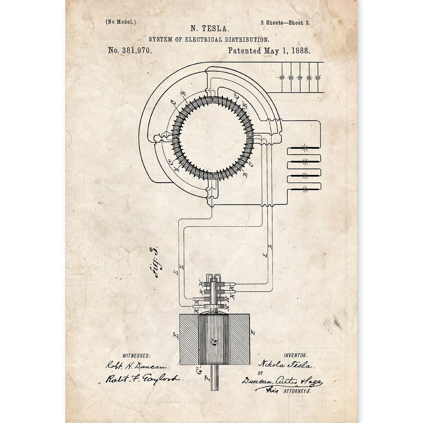Poster con patente de Sistema de distribucion electrica. Lámina con diseño de patente antigua.-Artwork-Nacnic-A4-Sin marco-Nacnic Estudio SL