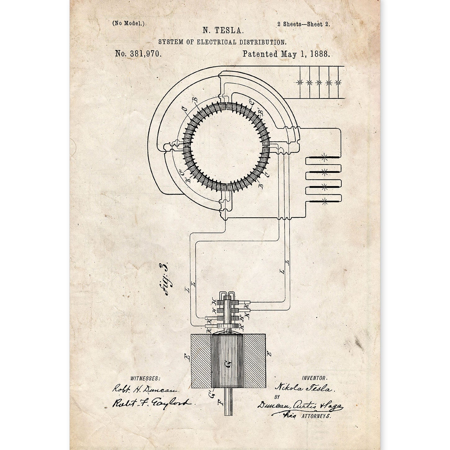 Poster con patente de Sistema de distribucion electrica. Lámina con diseño de patente antigua.-Artwork-Nacnic-A4-Sin marco-Nacnic Estudio SL