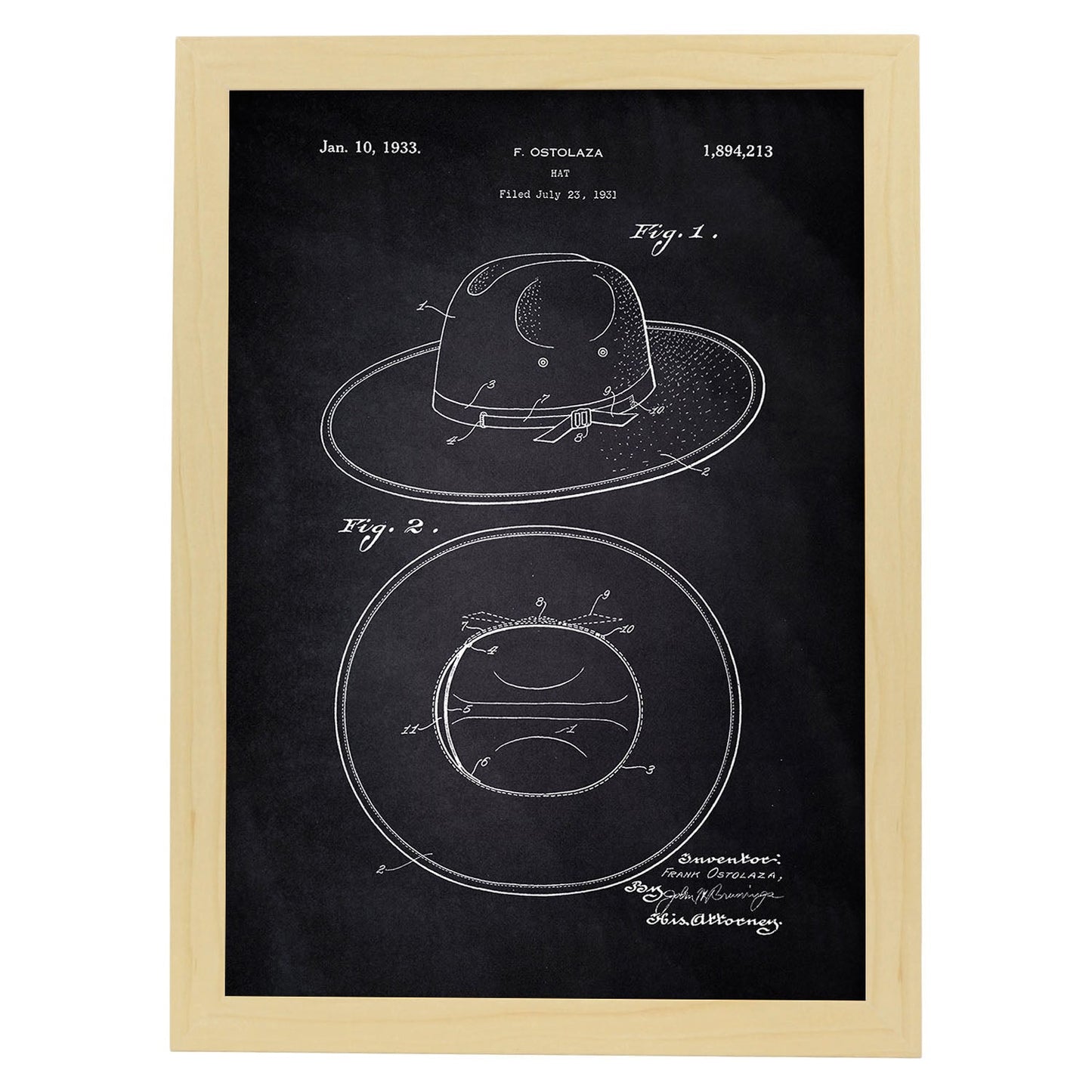 Poster con patente de Sombrero. Lámina con diseño de patente antigua-Artwork-Nacnic-A3-Marco Madera clara-Nacnic Estudio SL