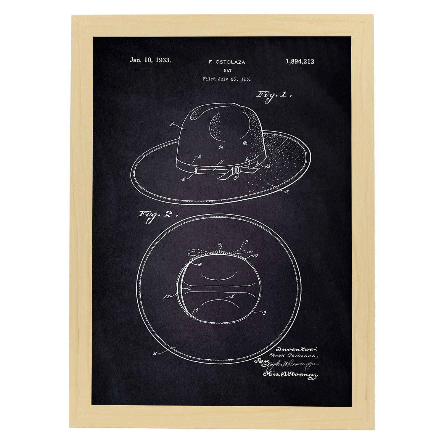 Poster con patente de Sombrero. Lámina con diseño de patente antigua-Artwork-Nacnic-A4-Marco Madera clara-Nacnic Estudio SL