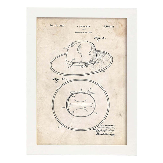 Poster con patente de Sombrero. Lámina con diseño de patente antigua.-Artwork-Nacnic-A4-Marco Blanco-Nacnic Estudio SL