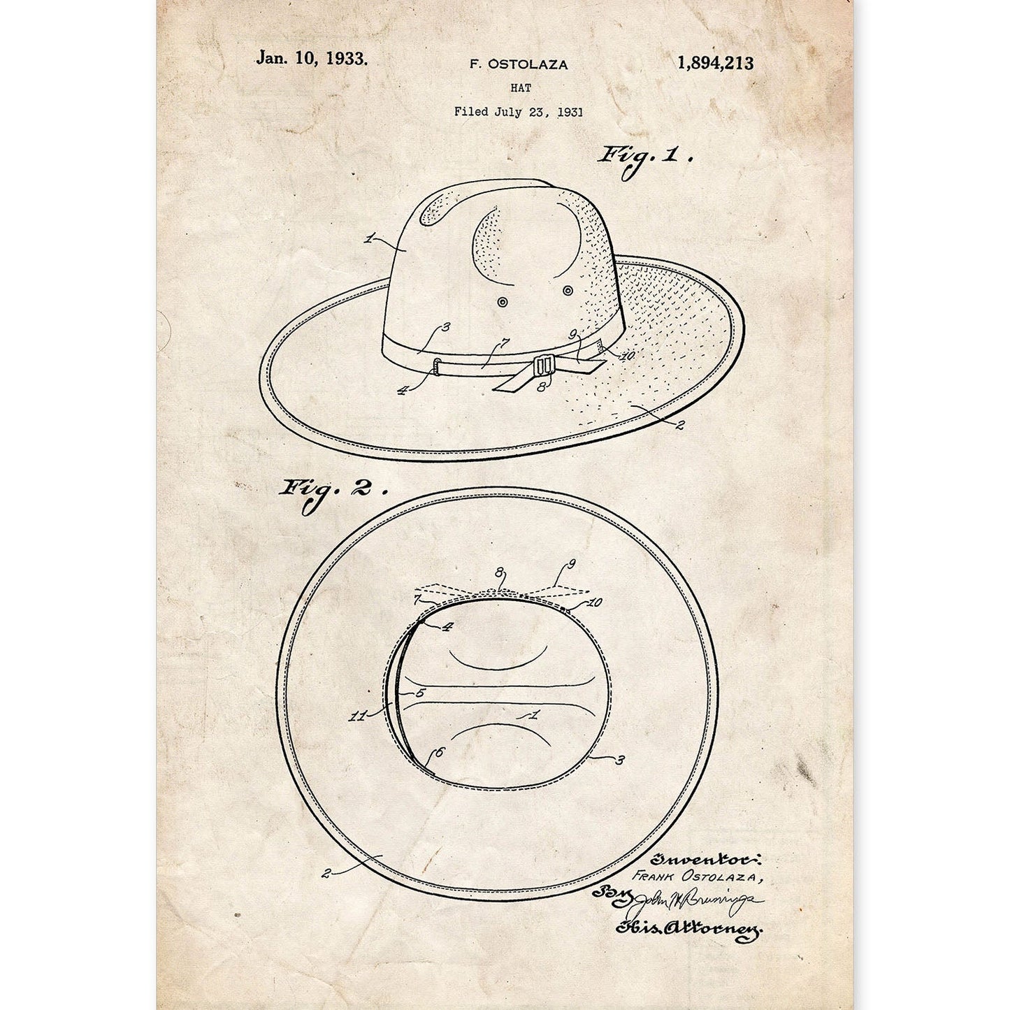 Poster con patente de Sombrero. Lámina con diseño de patente antigua.-Artwork-Nacnic-A4-Sin marco-Nacnic Estudio SL