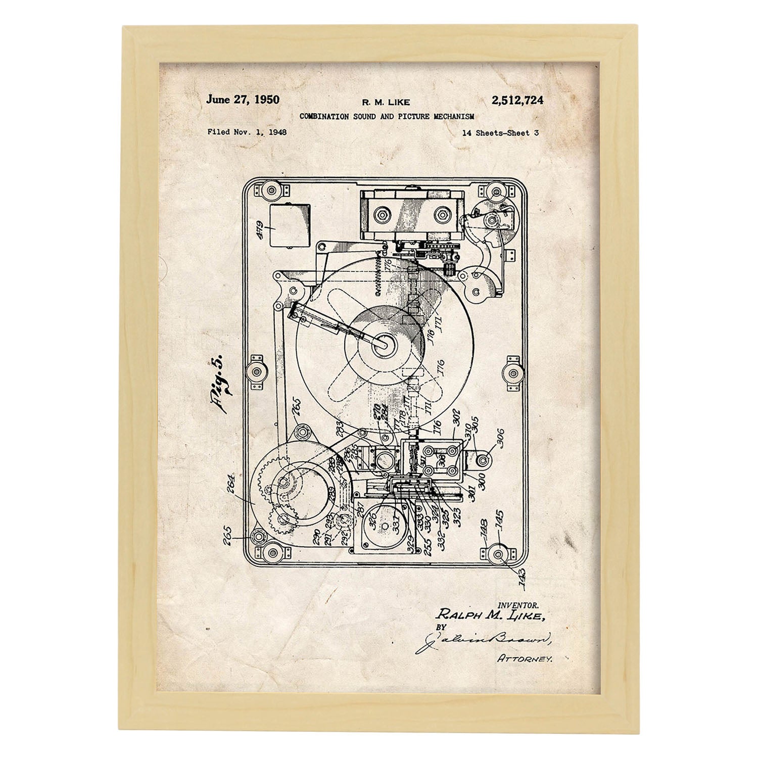 Poster con patente de Sonido e imagen 2. Lámina con diseño de patente antigua.-Artwork-Nacnic-A3-Marco Madera clara-Nacnic Estudio SL