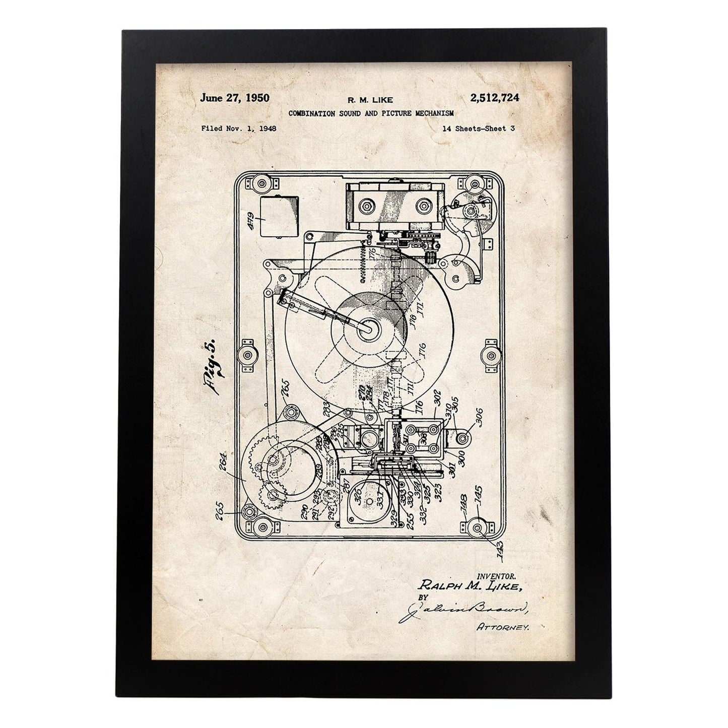 Poster con patente de Sonido e imagen 2. Lámina con diseño de patente antigua.-Artwork-Nacnic-A3-Marco Negro-Nacnic Estudio SL