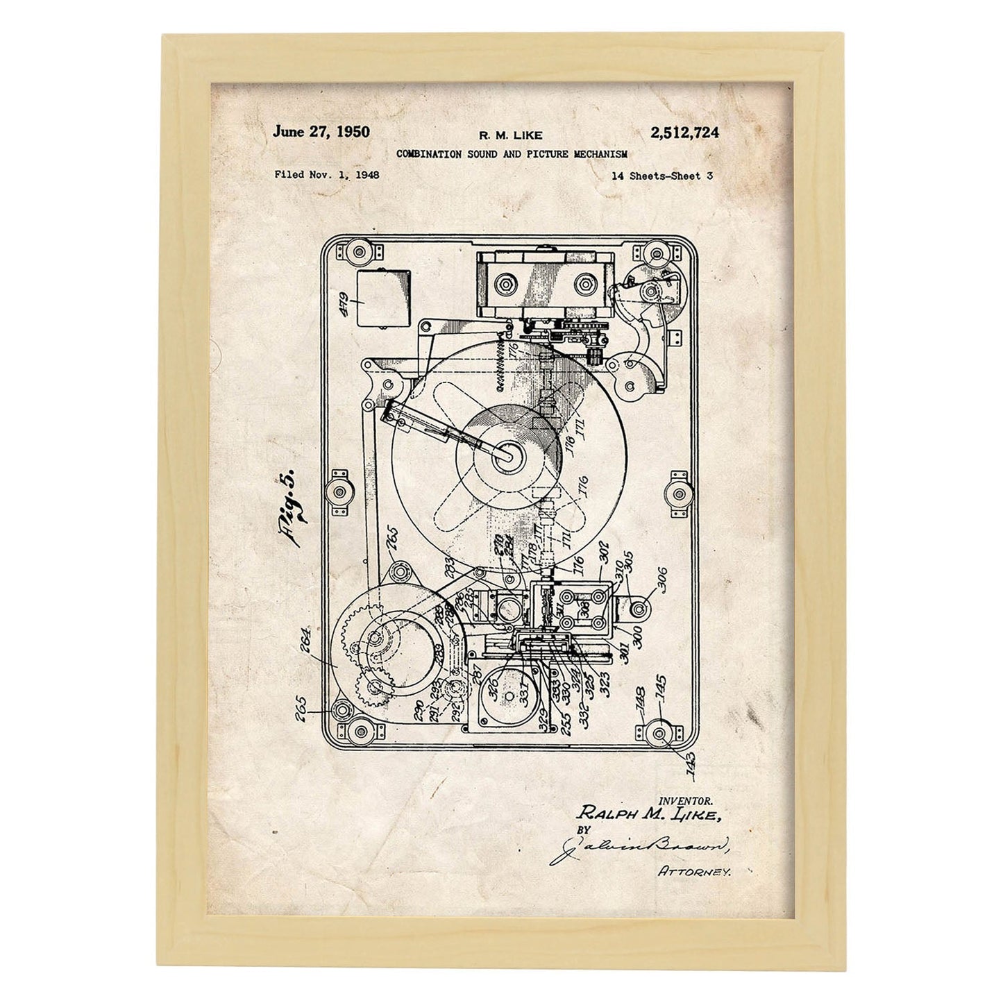 Poster con patente de Sonido e imagen 2. Lámina con diseño de patente antigua.-Artwork-Nacnic-A4-Marco Madera clara-Nacnic Estudio SL
