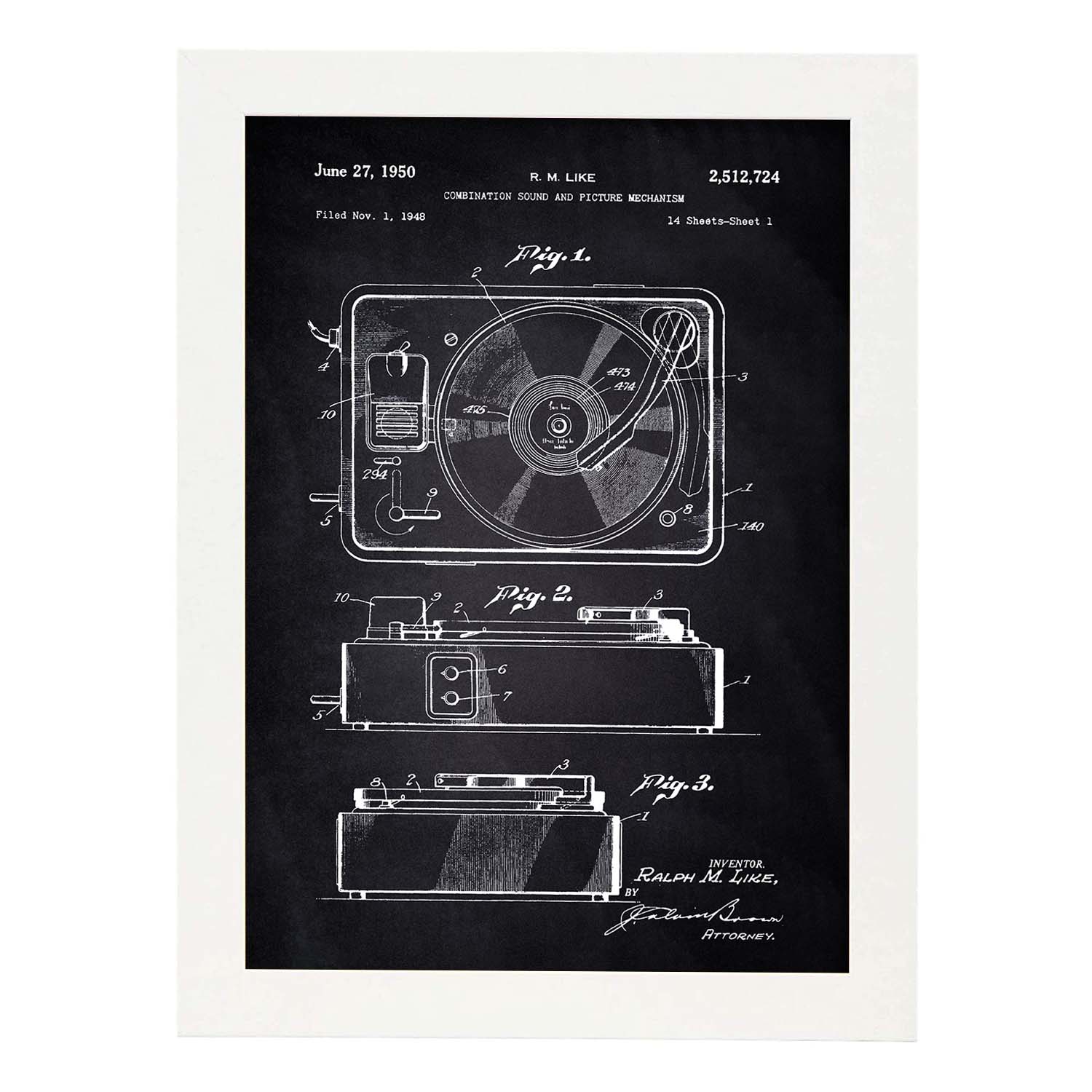 Poster con patente de Sonido e imagen 3. Lámina con diseño de patente antigua-Artwork-Nacnic-A3-Marco Blanco-Nacnic Estudio SL