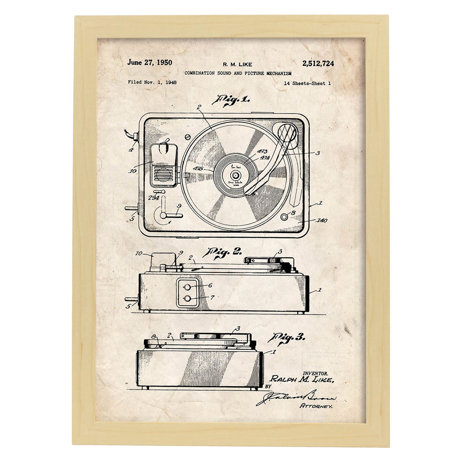 Poster con patente de Sonido e imagen 3. Lámina con diseño de patente antigua.-Artwork-Nacnic-A3-Marco Madera clara-Nacnic Estudio SL