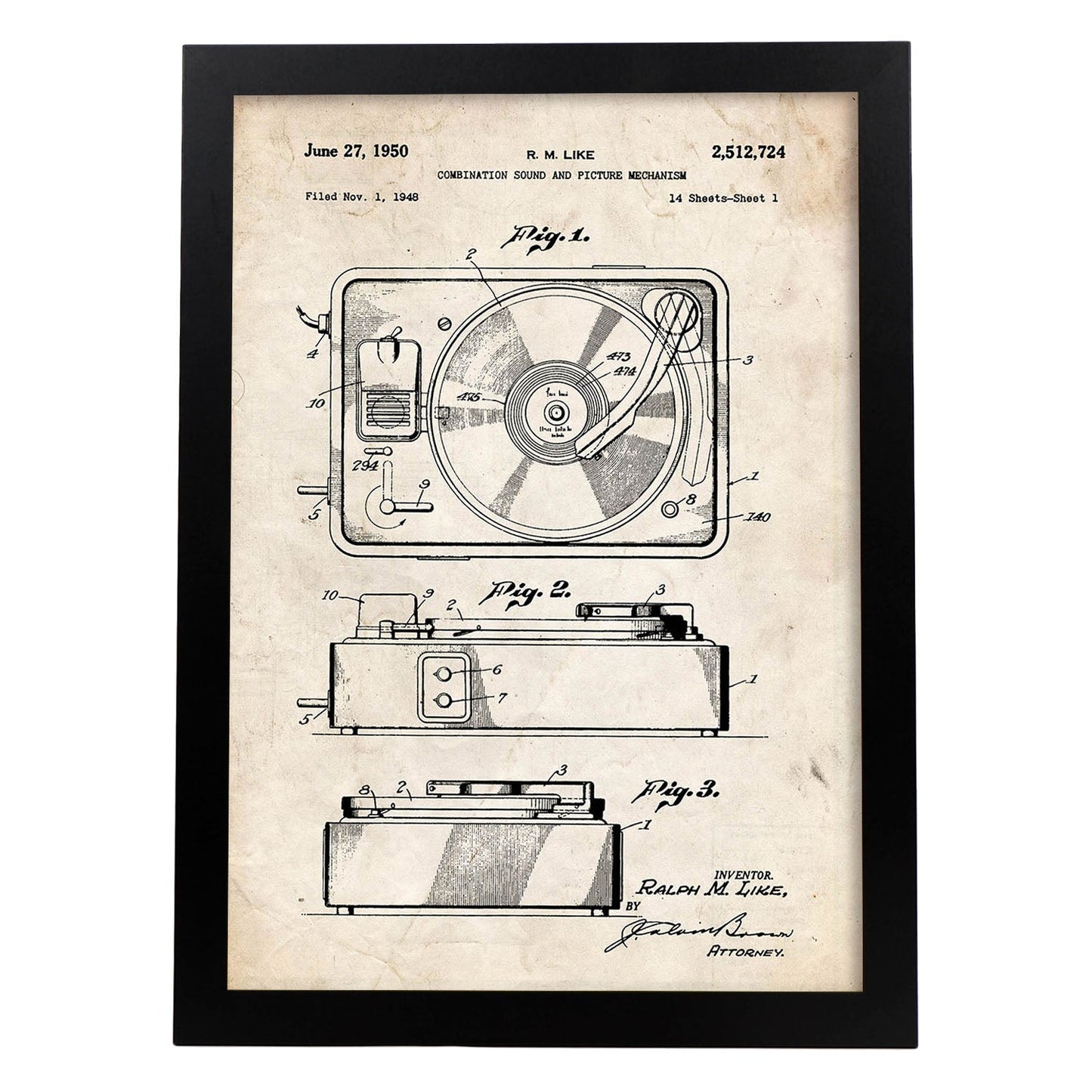 Poster con patente de Sonido e imagen 3. Lámina con diseño de patente antigua.-Artwork-Nacnic-A3-Marco Negro-Nacnic Estudio SL