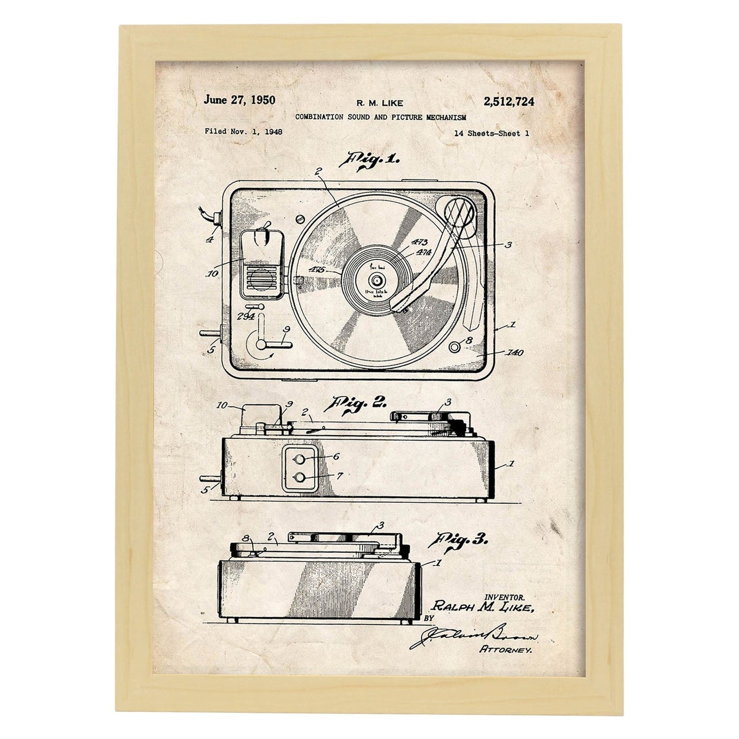 Poster con patente de Sonido e imagen 3. Lámina con diseño de patente antigua.-Artwork-Nacnic-A4-Marco Madera clara-Nacnic Estudio SL