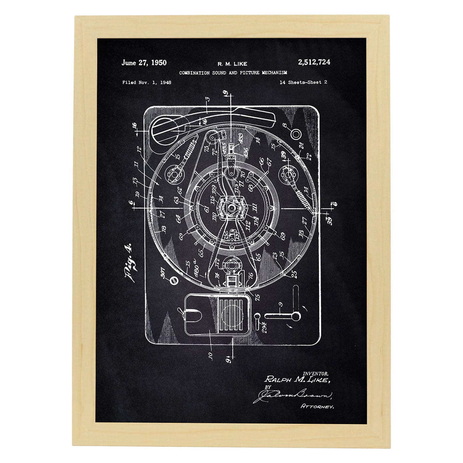 Poster con patente de Sonido e imagen. Lámina con diseño de patente antigua-Artwork-Nacnic-A4-Marco Madera clara-Nacnic Estudio SL