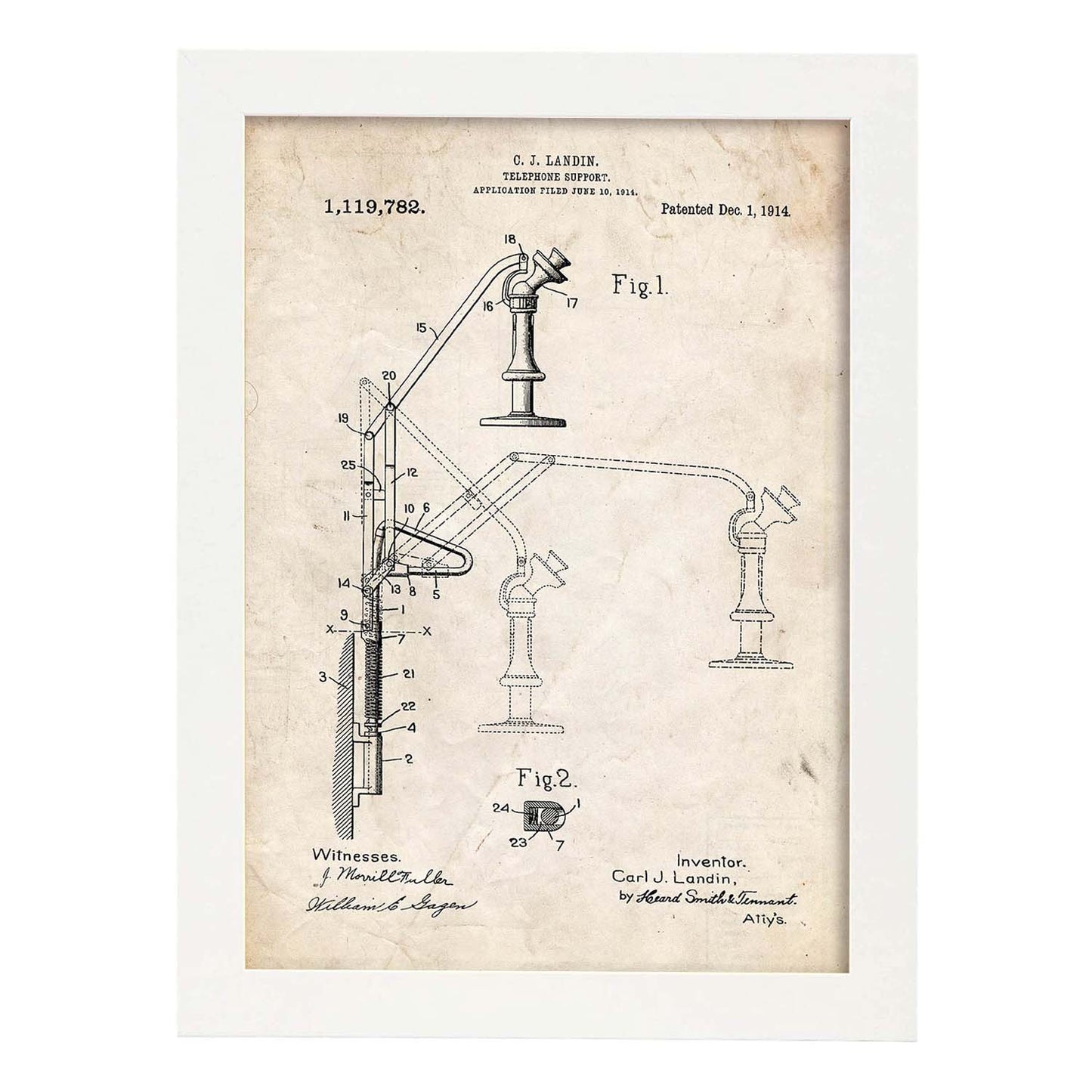 Poster con patente de Soporte telefono. Lámina con diseño de patente antigua.-Artwork-Nacnic-A3-Marco Blanco-Nacnic Estudio SL
