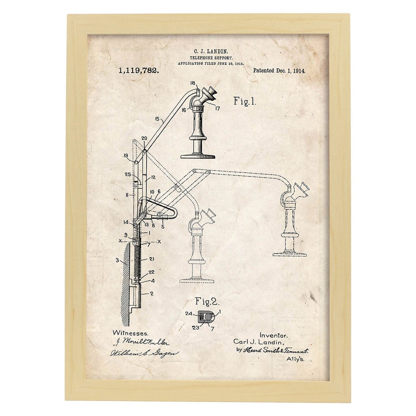 Poster con patente de Soporte telefono. Lámina con diseño de patente antigua.-Artwork-Nacnic-A3-Marco Madera clara-Nacnic Estudio SL