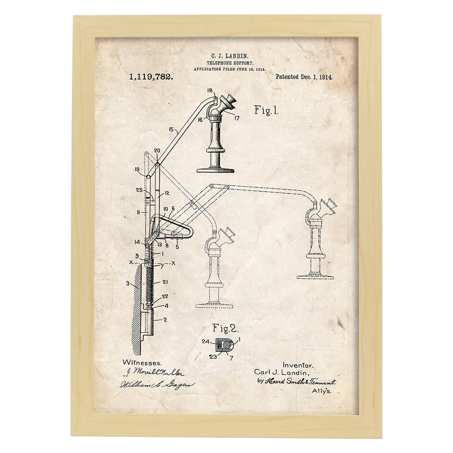 Poster con patente de Soporte telefono. Lámina con diseño de patente antigua.-Artwork-Nacnic-A3-Marco Madera clara-Nacnic Estudio SL