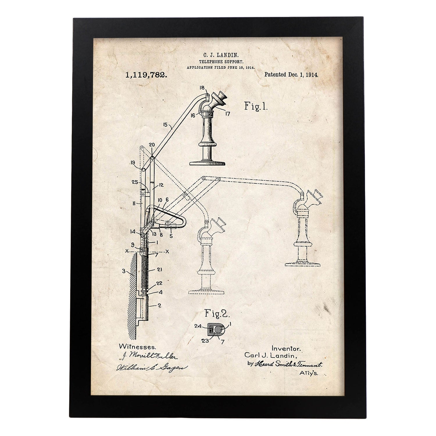 Poster con patente de Soporte telefono. Lámina con diseño de patente antigua.-Artwork-Nacnic-A3-Marco Negro-Nacnic Estudio SL