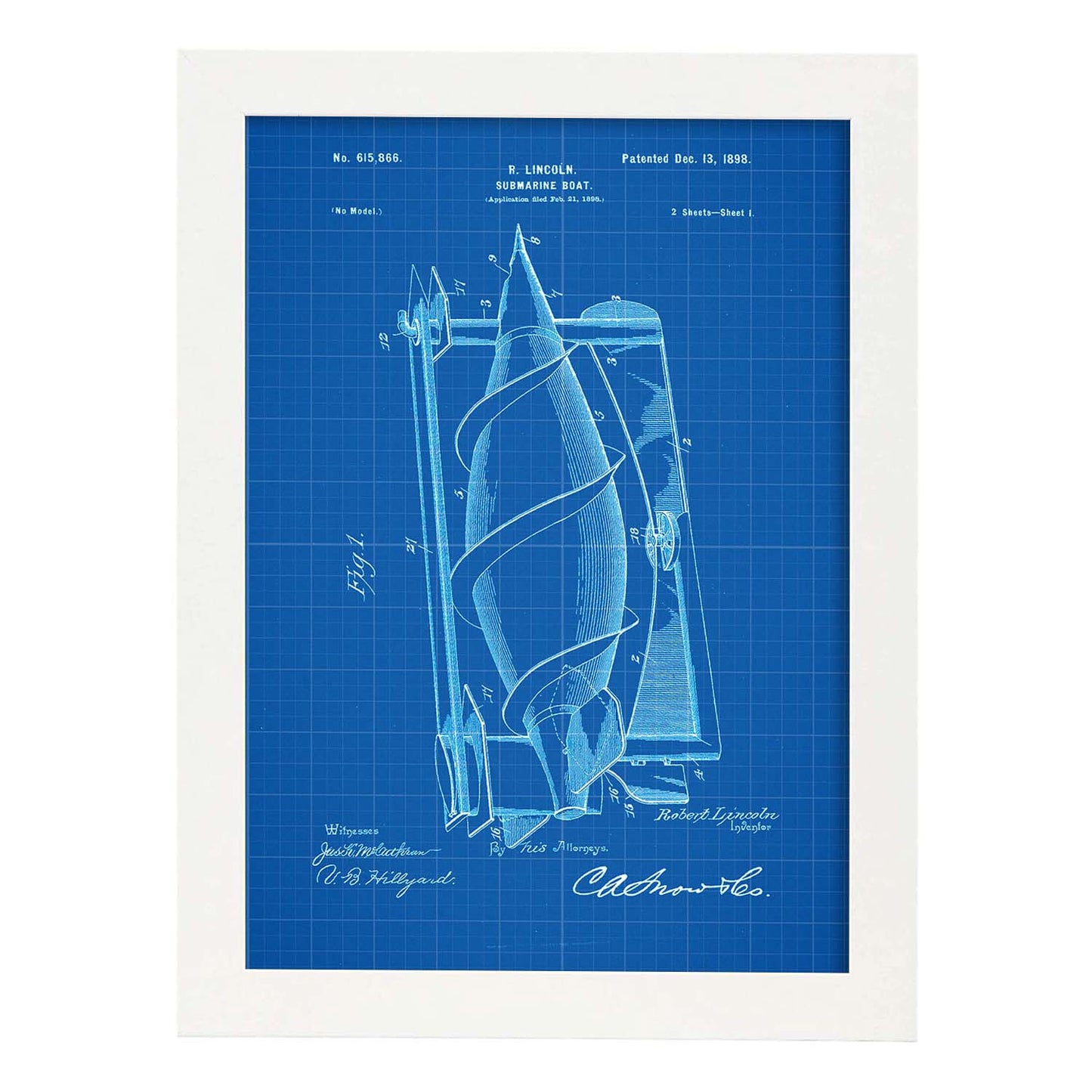 Poster con patente de Submarino. Lámina con diseño de patente antigua-Artwork-Nacnic-A3-Marco Blanco-Nacnic Estudio SL