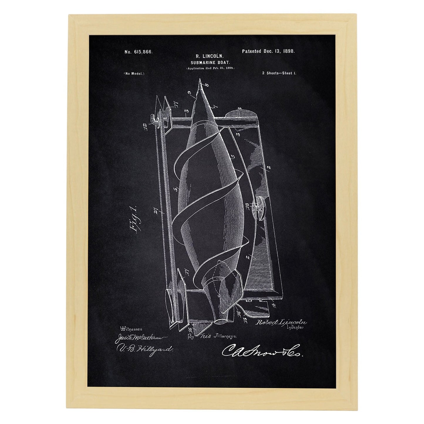 Poster con patente de Submarino. Lámina con diseño de patente antigua-Artwork-Nacnic-A3-Marco Madera clara-Nacnic Estudio SL