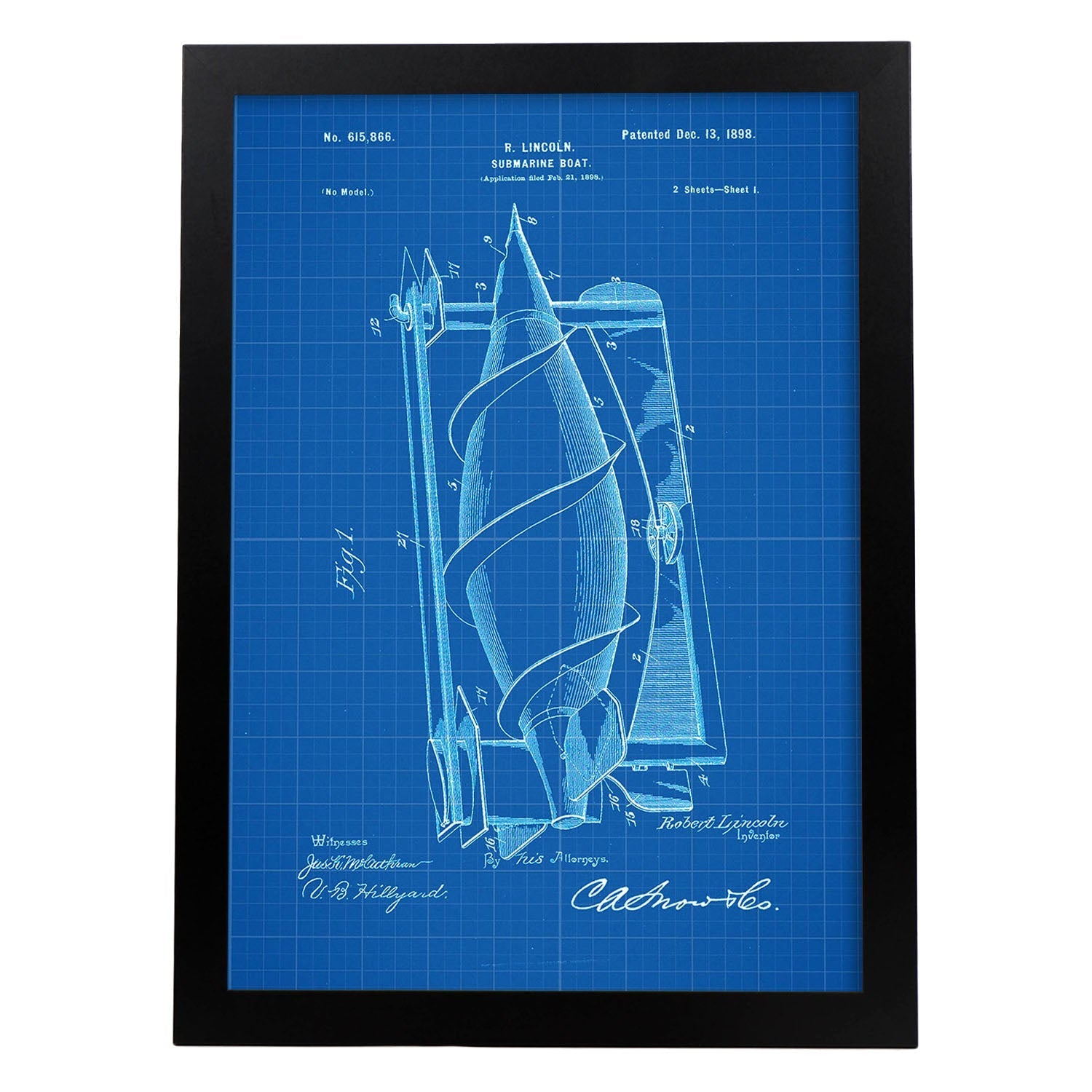 Poster con patente de Submarino. Lámina con diseño de patente antigua-Artwork-Nacnic-A3-Marco Negro-Nacnic Estudio SL