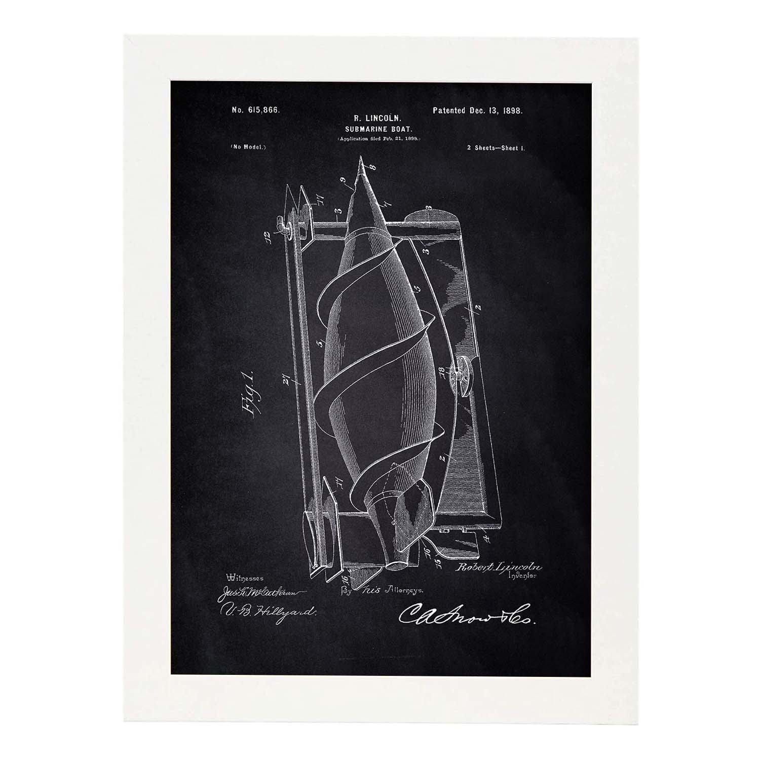 Poster con patente de Submarino. Lámina con diseño de patente antigua-Artwork-Nacnic-A4-Marco Blanco-Nacnic Estudio SL