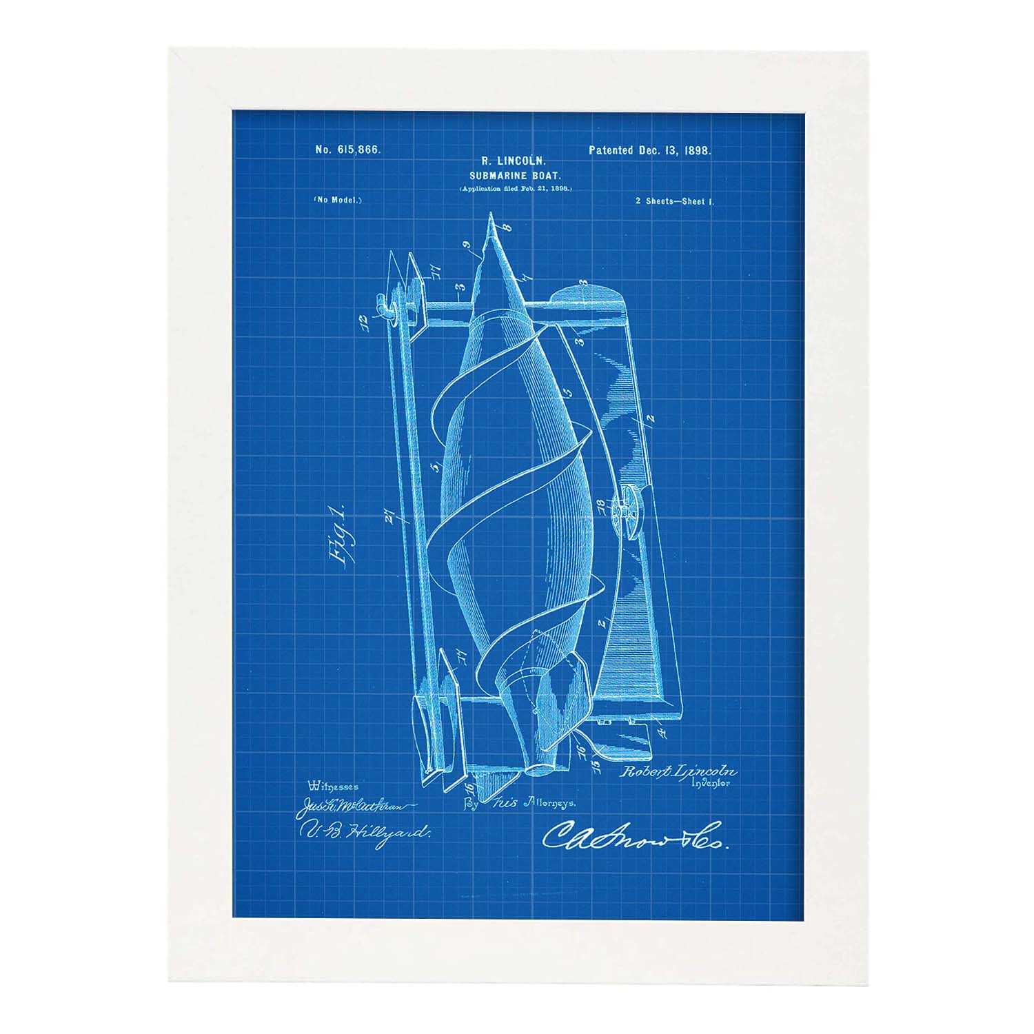 Poster con patente de Submarino. Lámina con diseño de patente antigua-Artwork-Nacnic-A4-Marco Blanco-Nacnic Estudio SL