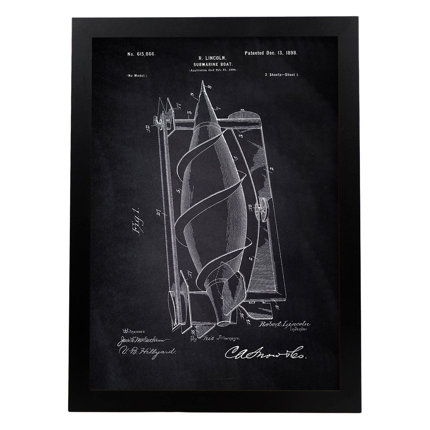 Poster con patente de Submarino. Lámina con diseño de patente antigua-Artwork-Nacnic-A4-Marco Negro-Nacnic Estudio SL