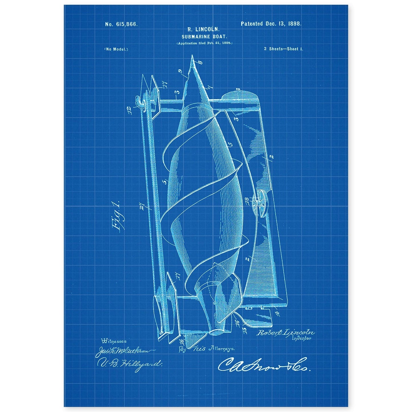 Poster con patente de Submarino. Lámina con diseño de patente antigua-Artwork-Nacnic-A4-Sin marco-Nacnic Estudio SL
