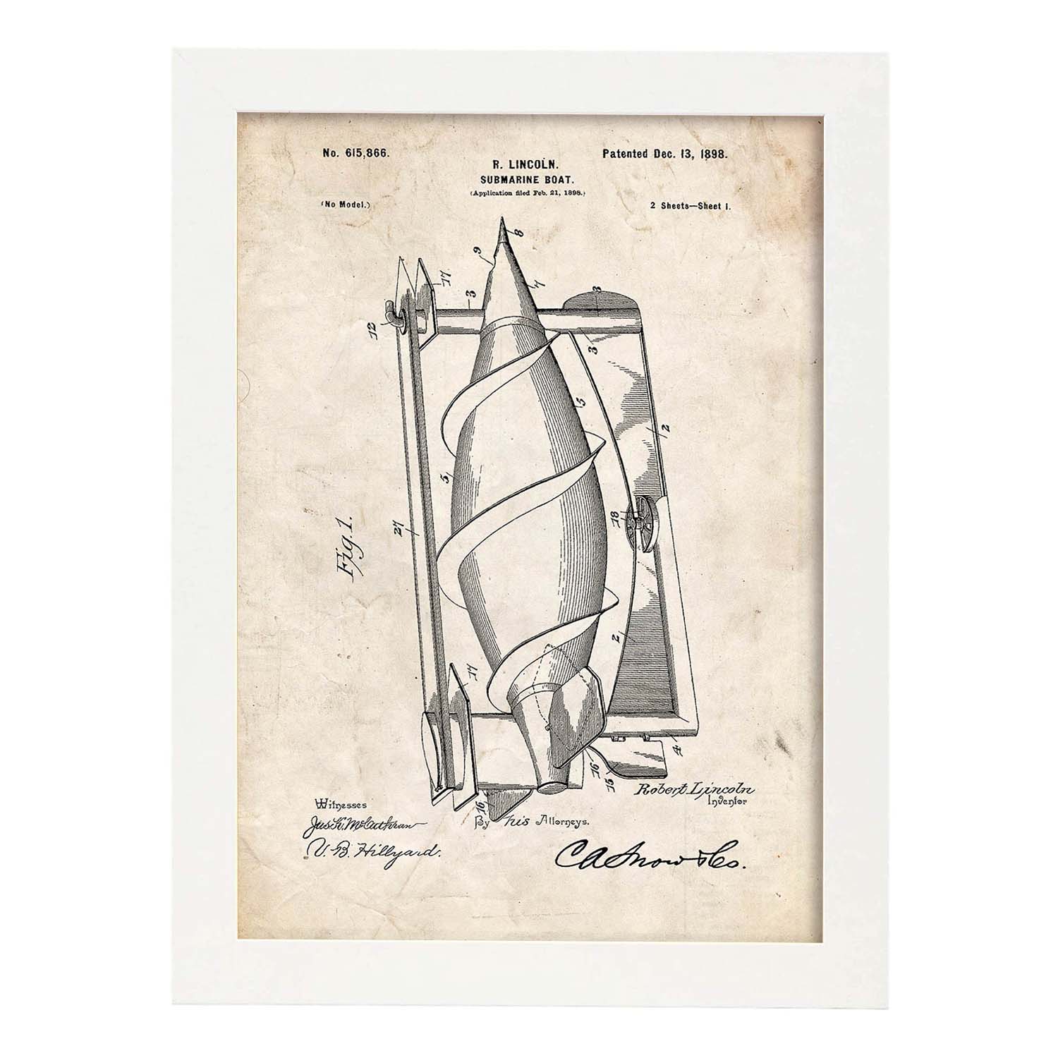 Poster con patente de Submarino. Lámina con diseño de patente antigua.-Artwork-Nacnic-A3-Marco Blanco-Nacnic Estudio SL