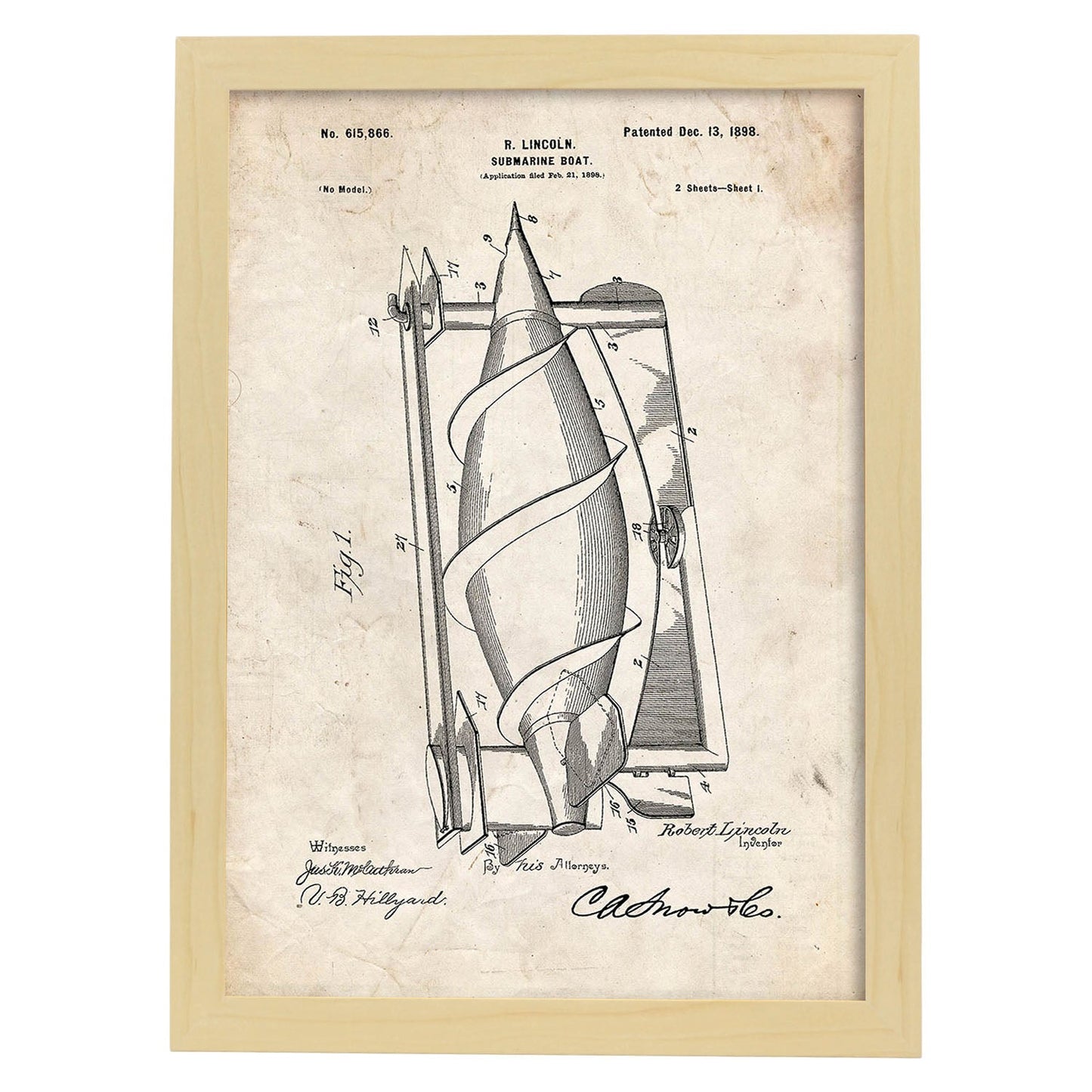 Poster con patente de Submarino. Lámina con diseño de patente antigua.-Artwork-Nacnic-A3-Marco Madera clara-Nacnic Estudio SL