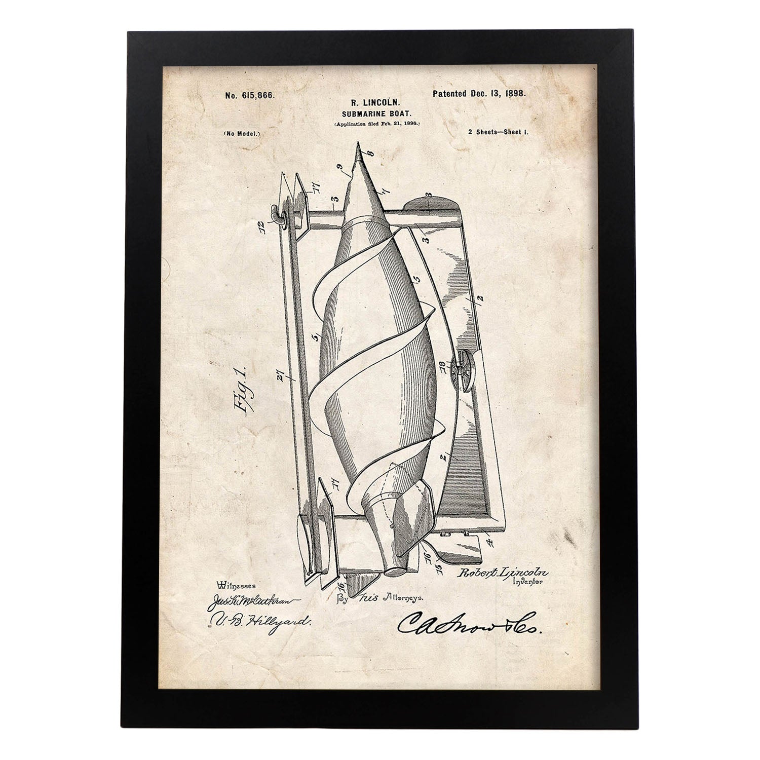 Poster con patente de Submarino. Lámina con diseño de patente antigua.-Artwork-Nacnic-A3-Marco Negro-Nacnic Estudio SL