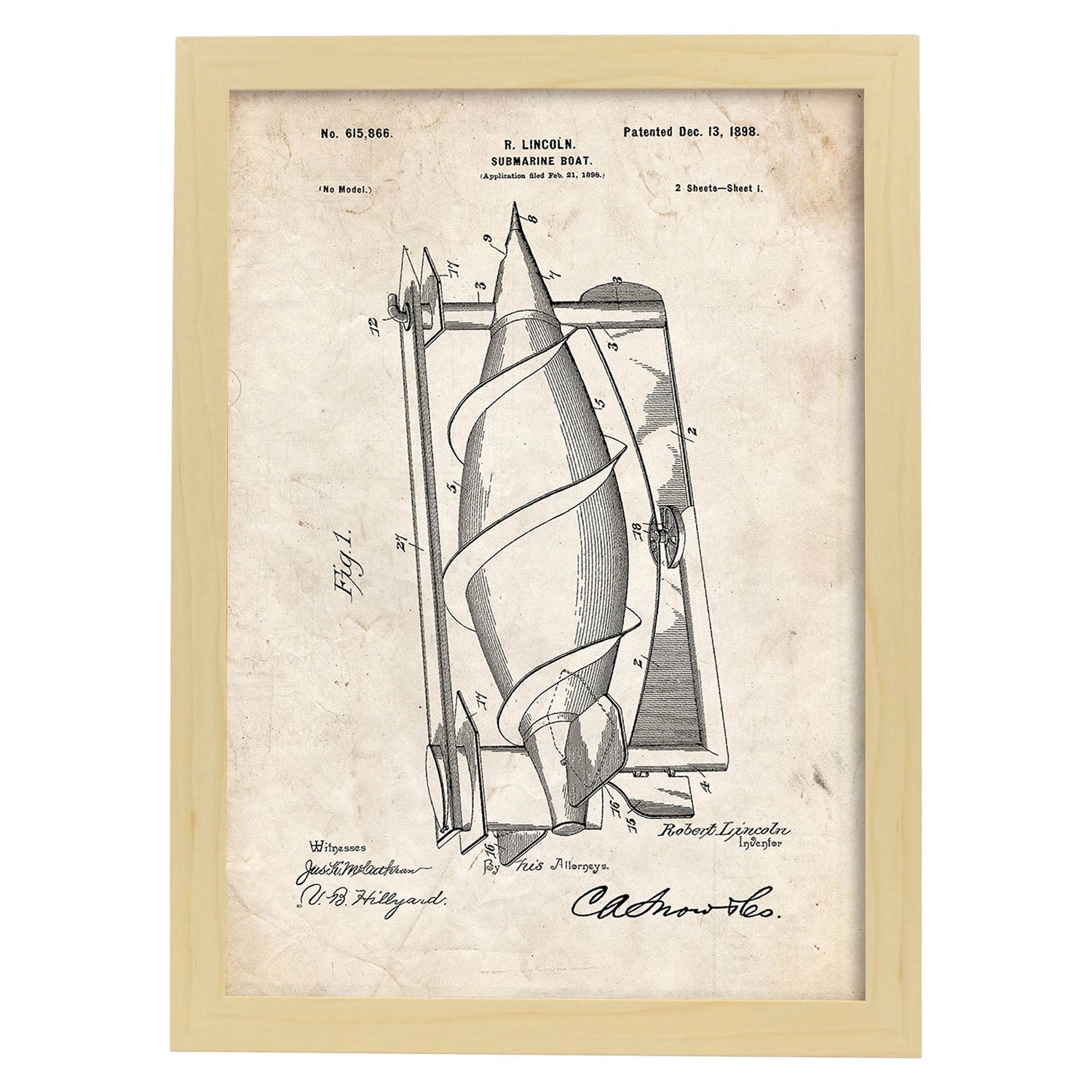 Poster con patente de Submarino. Lámina con diseño de patente antigua.-Artwork-Nacnic-A4-Marco Madera clara-Nacnic Estudio SL