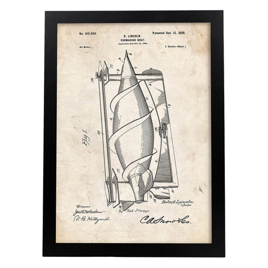 Poster con patente de Submarino. Lámina con diseño de patente antigua.-Artwork-Nacnic-A4-Marco Negro-Nacnic Estudio SL