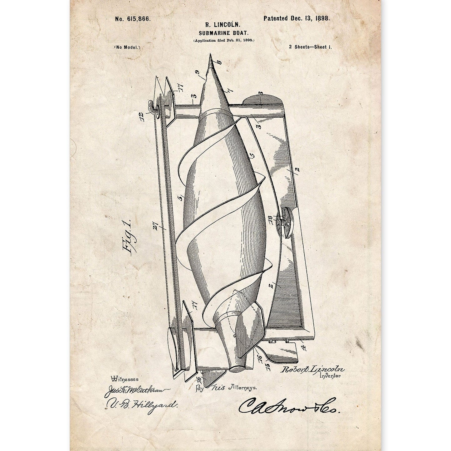 Poster con patente de Submarino. Lámina con diseño de patente antigua.-Artwork-Nacnic-A4-Sin marco-Nacnic Estudio SL