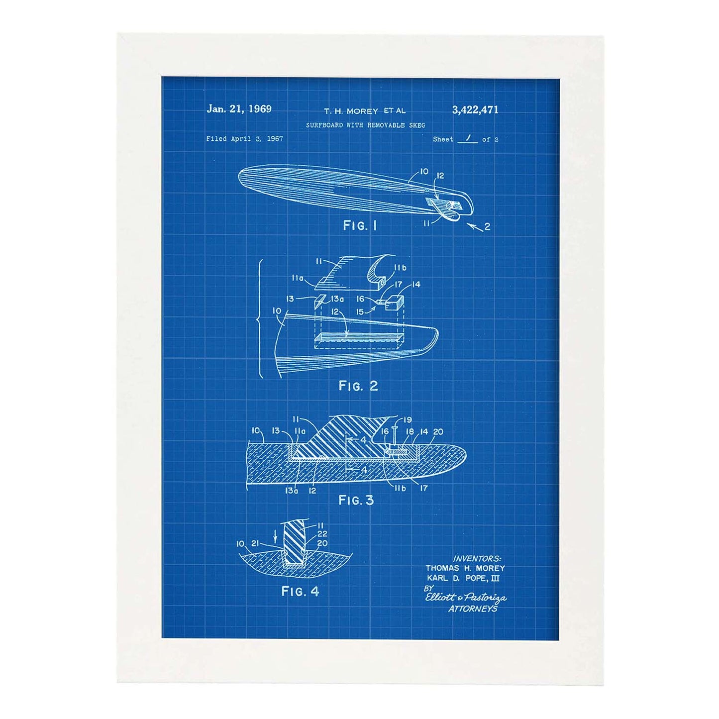 Poster con patente de Surf con quilla. Lámina con diseño de patente antigua-Artwork-Nacnic-A3-Marco Blanco-Nacnic Estudio SL
