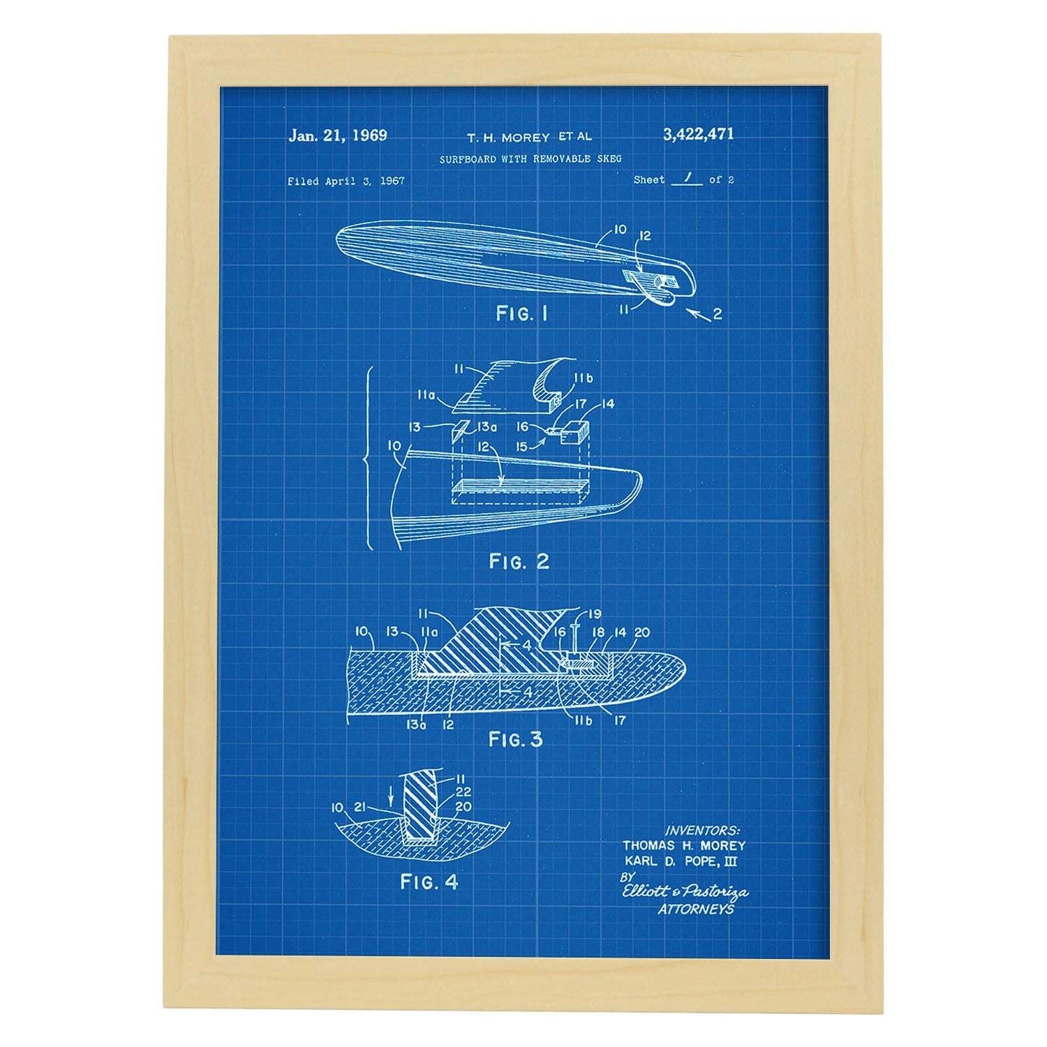 Poster con patente de Surf con quilla. Lámina con diseño de patente antigua-Artwork-Nacnic-A3-Marco Madera clara-Nacnic Estudio SL