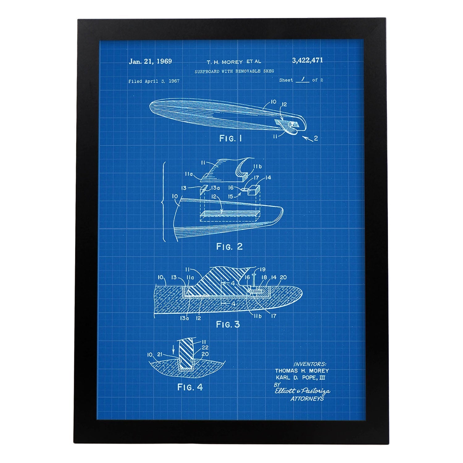 Poster con patente de Surf con quilla. Lámina con diseño de patente antigua-Artwork-Nacnic-A3-Marco Negro-Nacnic Estudio SL