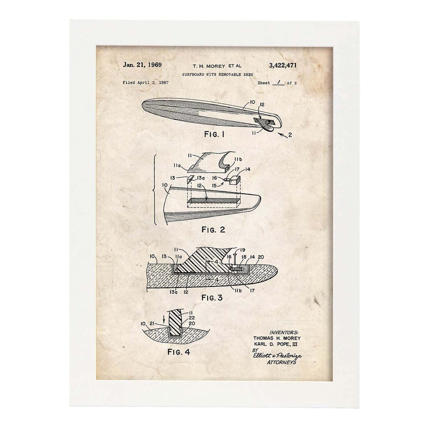 Poster con patente de Surf con quilla. Lámina con diseño de patente antigua.-Artwork-Nacnic-A3-Marco Blanco-Nacnic Estudio SL