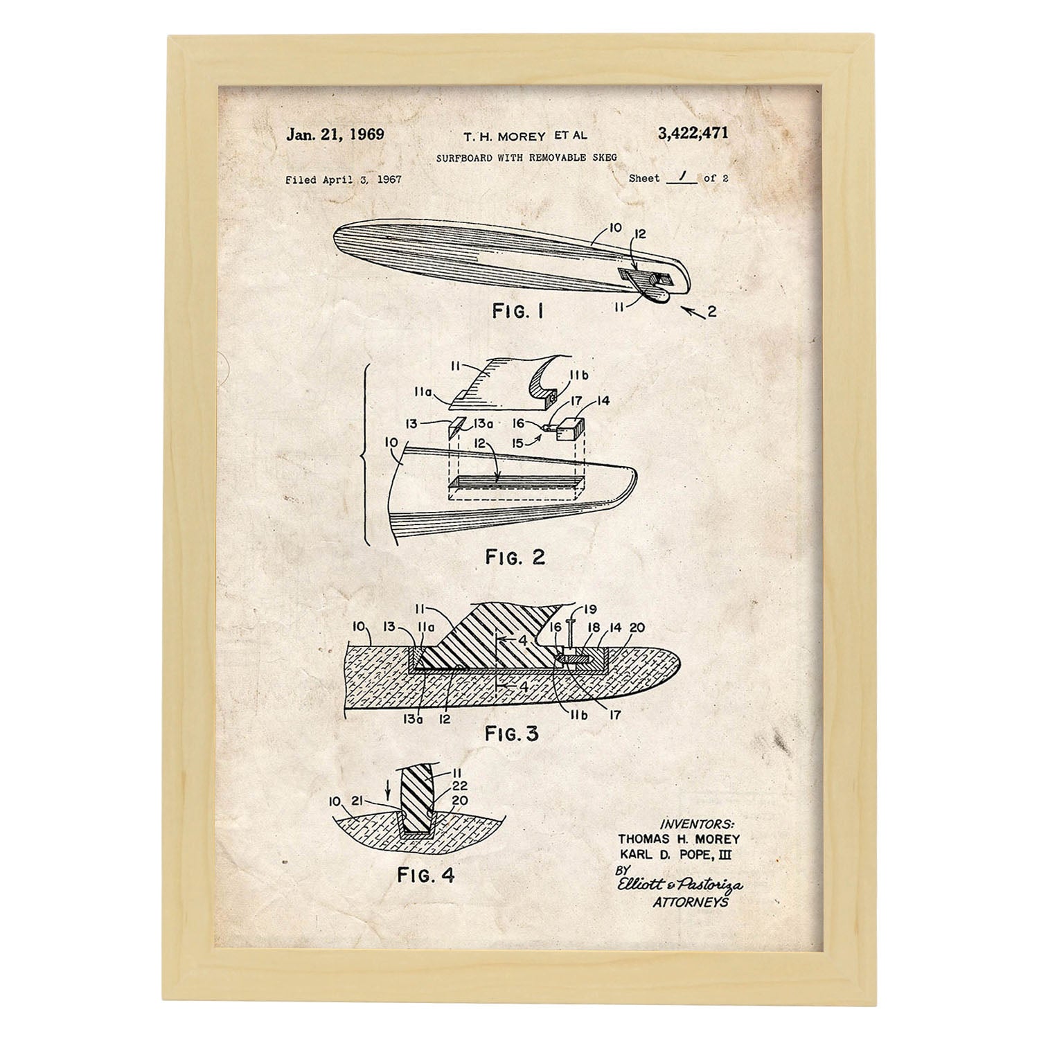 Poster con patente de Surf con quilla. Lámina con diseño de patente antigua.-Artwork-Nacnic-A3-Marco Madera clara-Nacnic Estudio SL