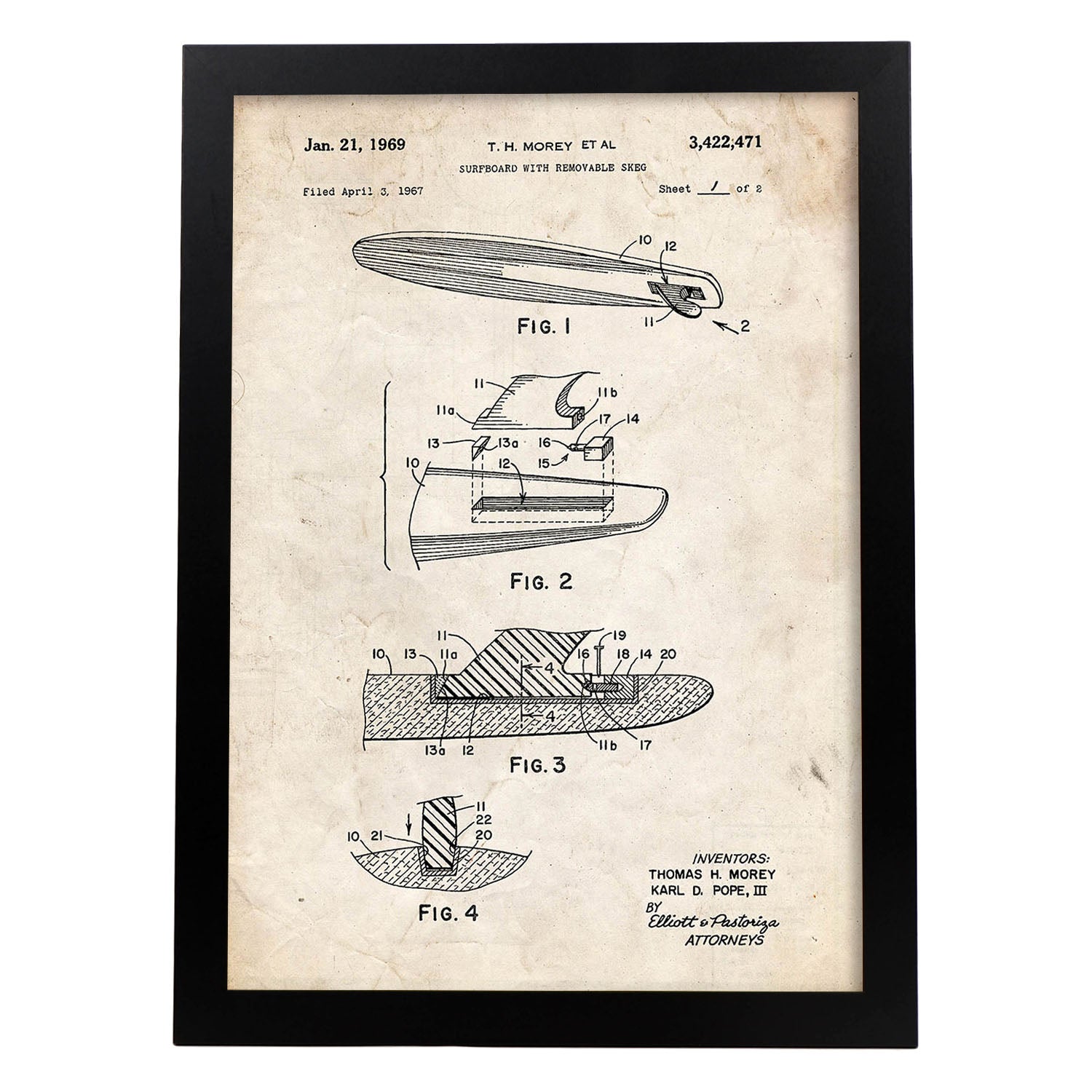 Poster con patente de Surf con quilla. Lámina con diseño de patente antigua.-Artwork-Nacnic-A3-Marco Negro-Nacnic Estudio SL