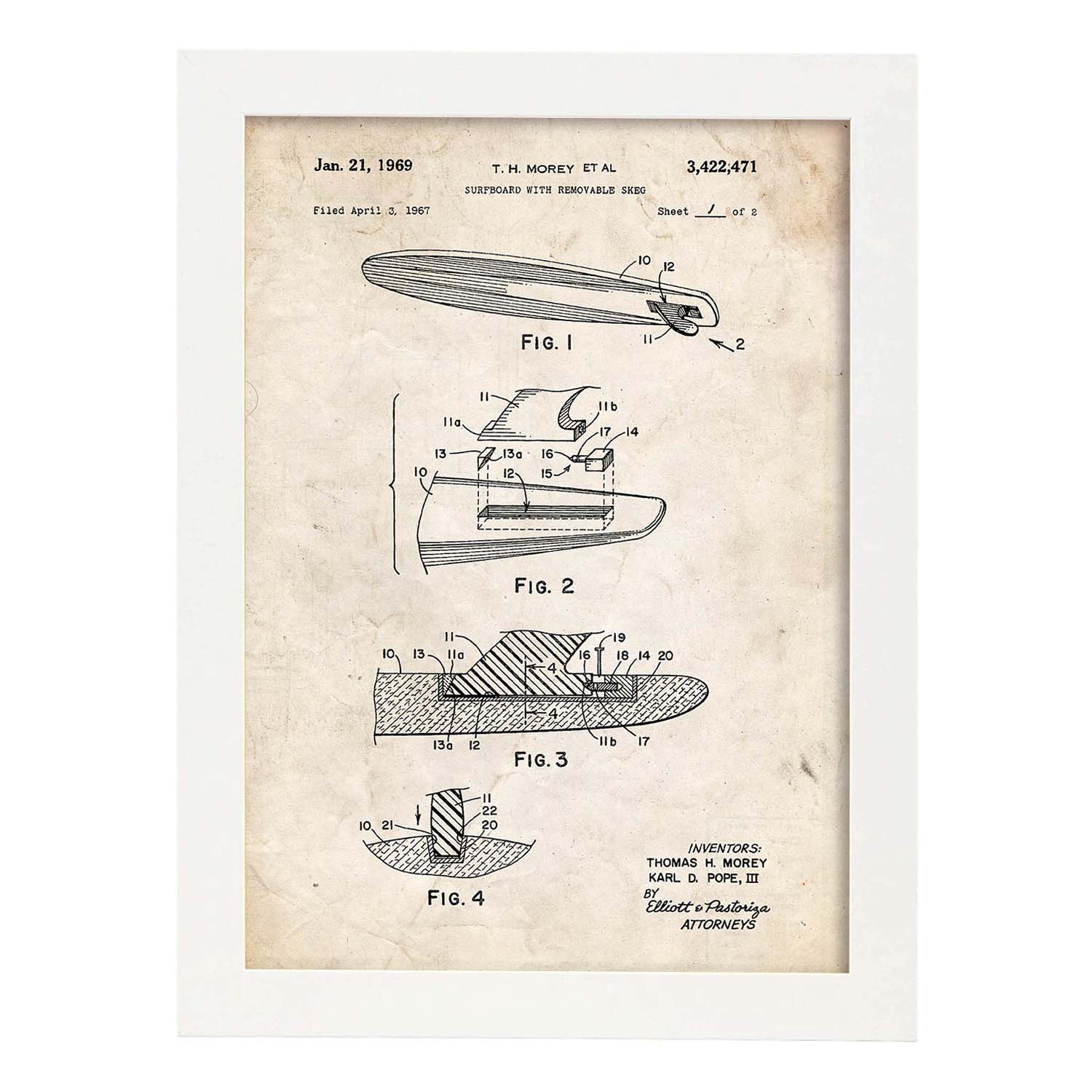 Poster con patente de Surf con quilla. Lámina con diseño de patente antigua.-Artwork-Nacnic-A4-Marco Blanco-Nacnic Estudio SL