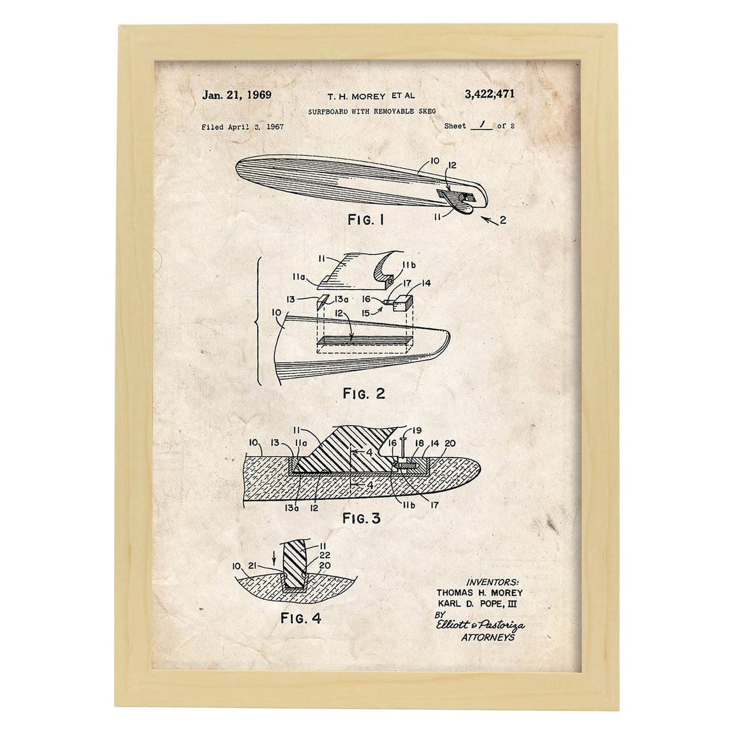 Poster con patente de Surf con quilla. Lámina con diseño de patente antigua.-Artwork-Nacnic-A4-Marco Madera clara-Nacnic Estudio SL