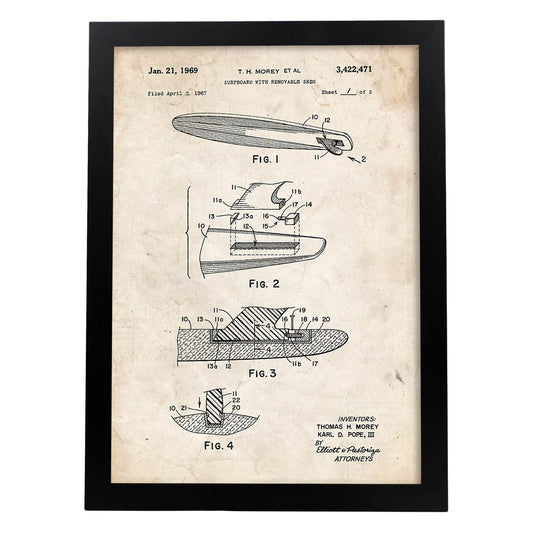 Poster con patente de Surf con quilla. Lámina con diseño de patente antigua.-Artwork-Nacnic-A4-Marco Negro-Nacnic Estudio SL