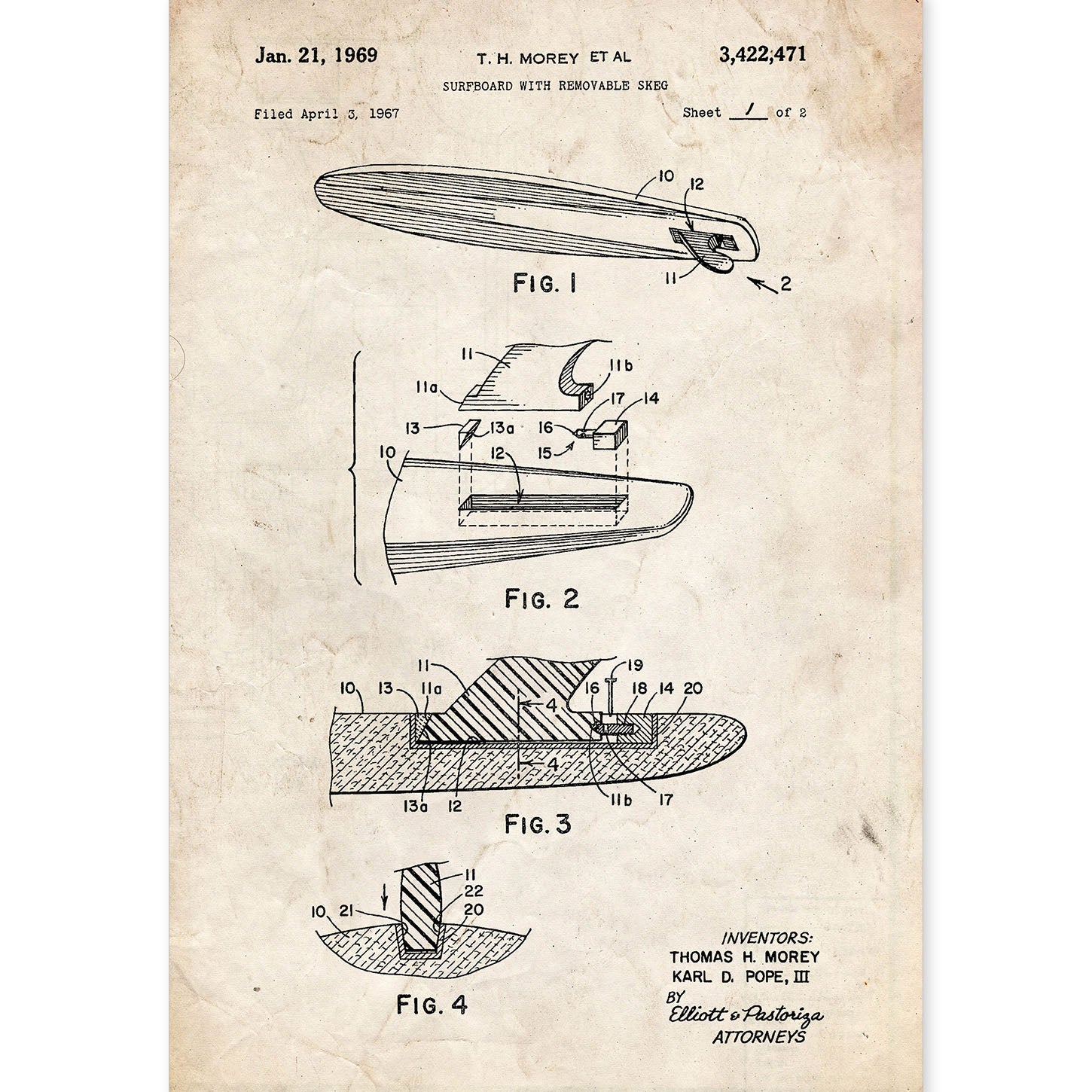 Poster con patente de Surf con quilla. Lámina con diseño de patente antigua.-Artwork-Nacnic-A4-Sin marco-Nacnic Estudio SL