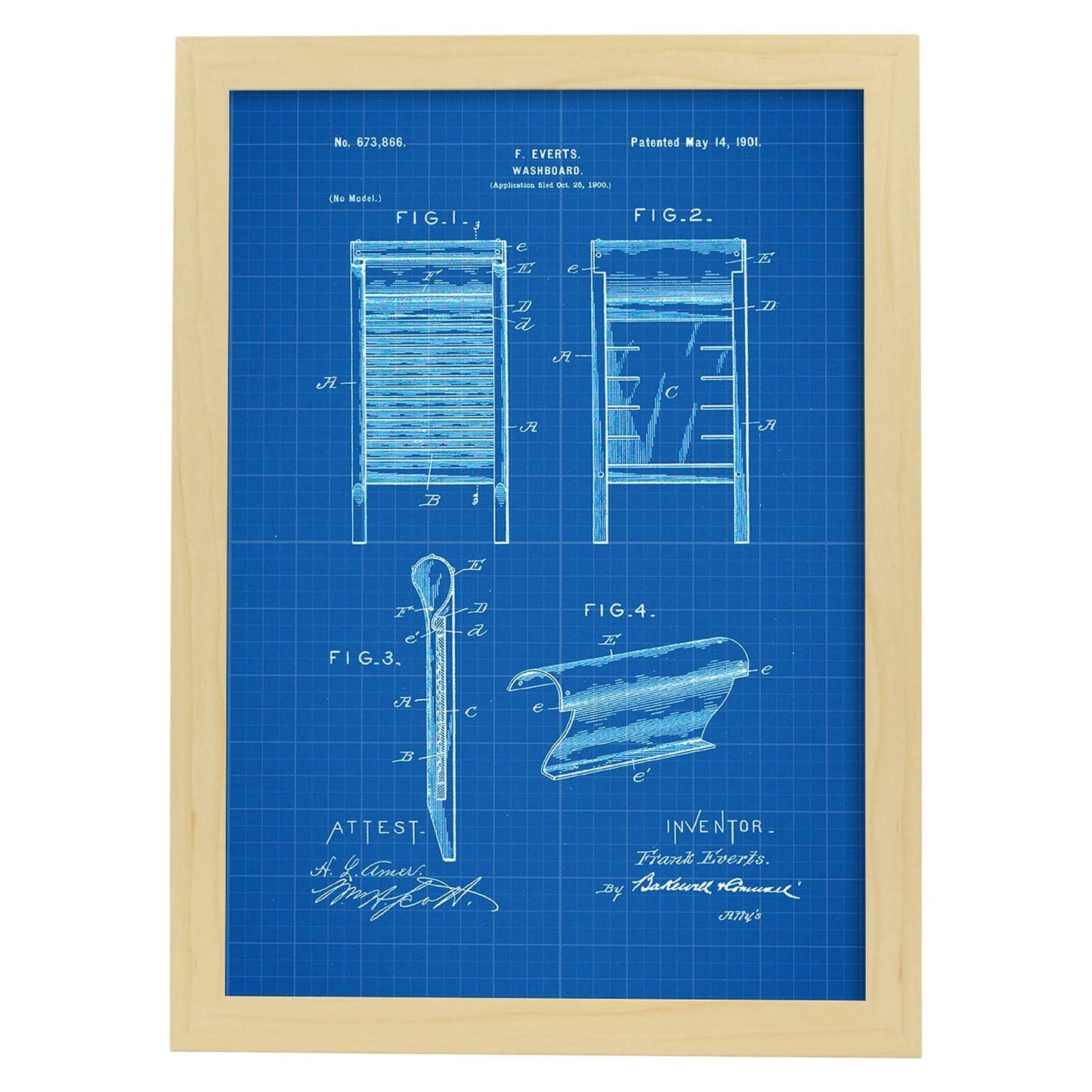 Poster con patente de Tabla de lavar. Lámina con diseño de patente antigua-Artwork-Nacnic-A3-Marco Madera clara-Nacnic Estudio SL