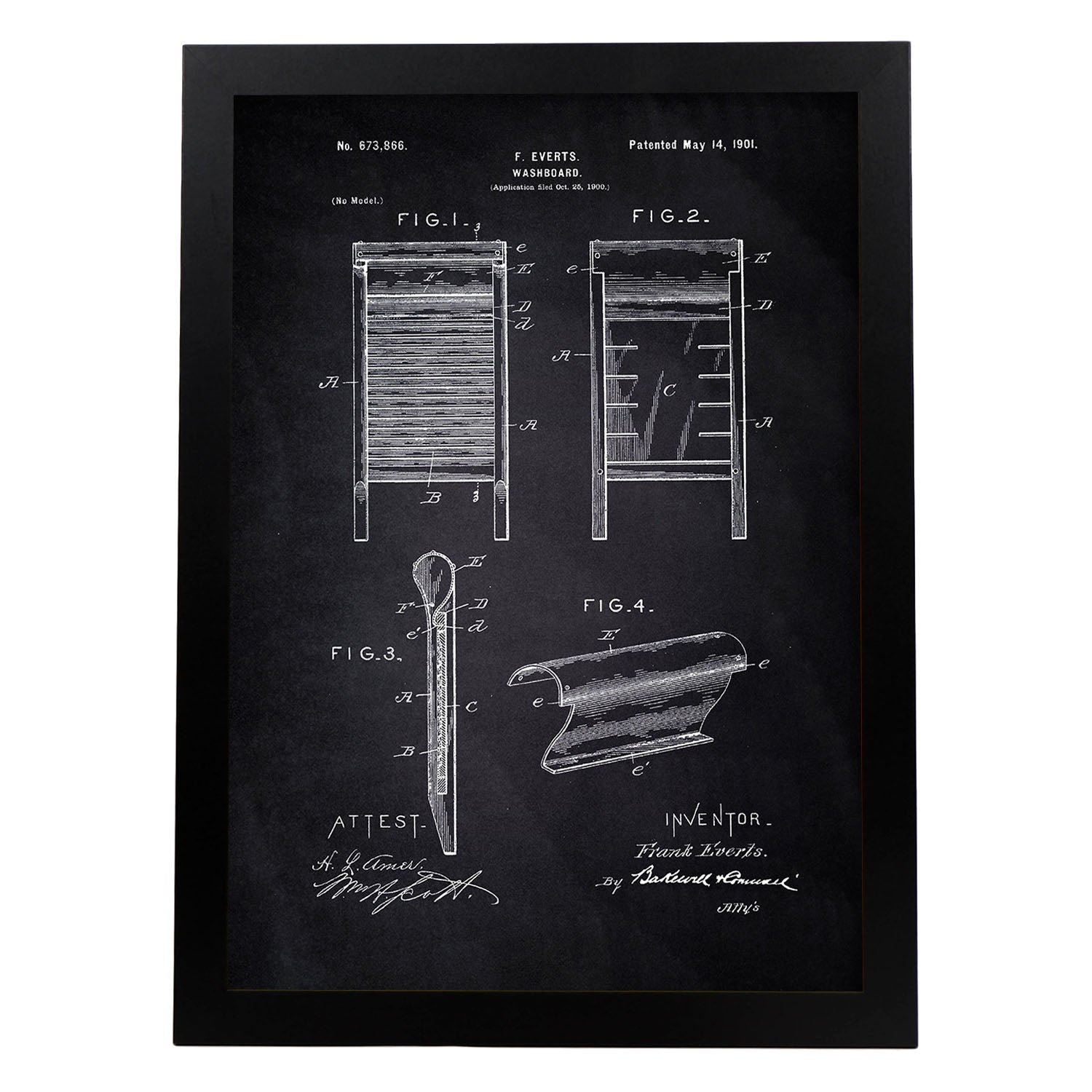 Poster con patente de Tabla de lavar. Lámina con diseño de patente antigua-Artwork-Nacnic-A3-Marco Negro-Nacnic Estudio SL