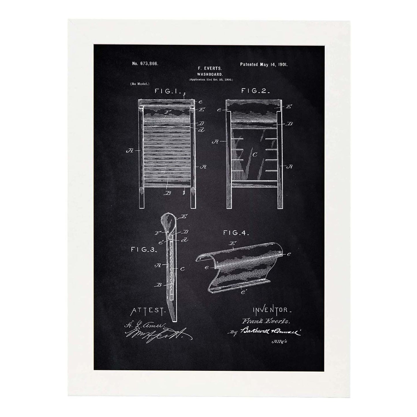 Poster con patente de Tabla de lavar. Lámina con diseño de patente antigua-Artwork-Nacnic-A4-Marco Blanco-Nacnic Estudio SL