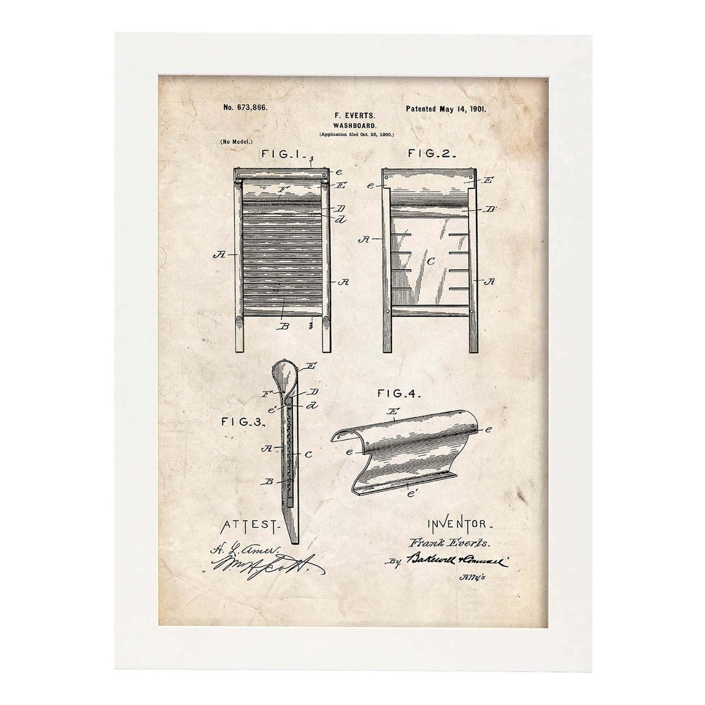 Poster con patente de Tabla de lavar. Lámina con diseño de patente antigua.-Artwork-Nacnic-A3-Marco Blanco-Nacnic Estudio SL