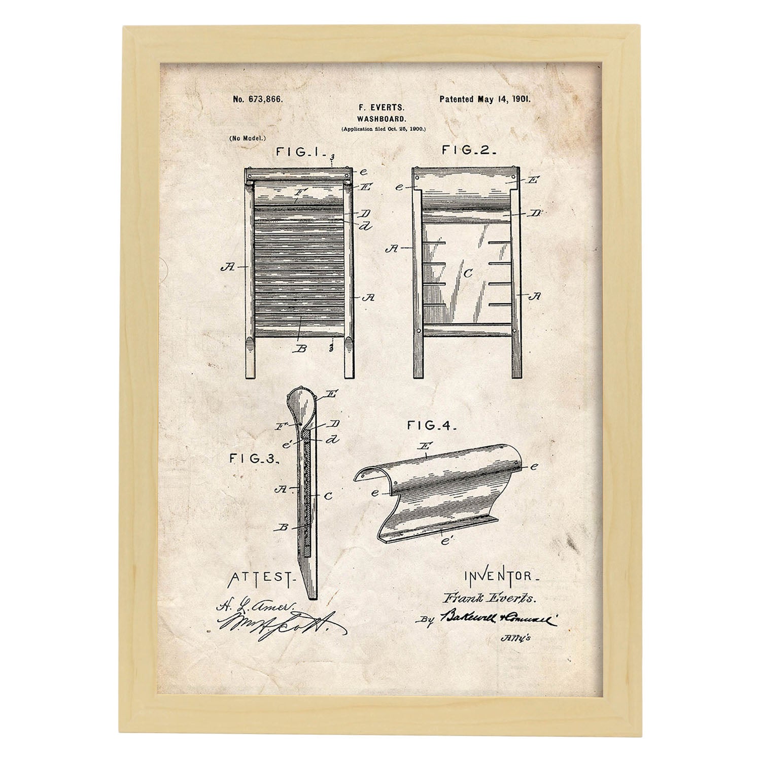 Poster con patente de Tabla de lavar. Lámina con diseño de patente antigua.-Artwork-Nacnic-A3-Marco Madera clara-Nacnic Estudio SL