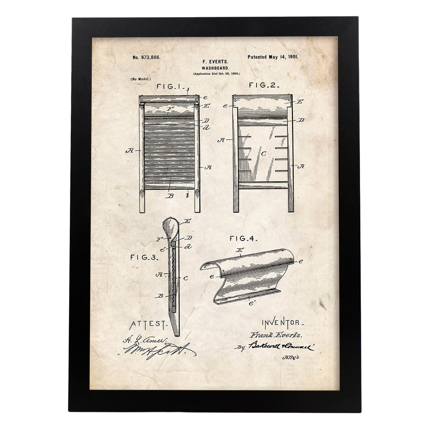 Poster con patente de Tabla de lavar. Lámina con diseño de patente antigua.-Artwork-Nacnic-A3-Marco Negro-Nacnic Estudio SL