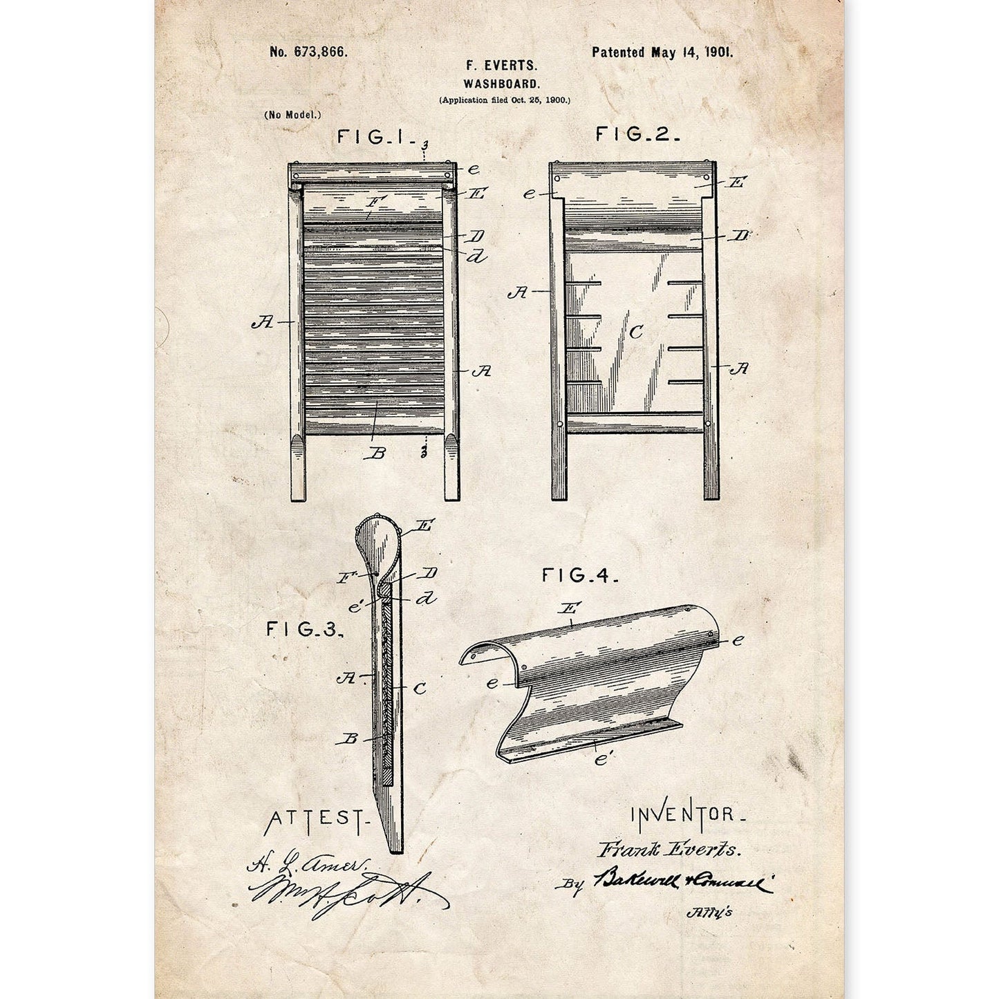 Poster con patente de Tabla de lavar. Lámina con diseño de patente antigua.-Artwork-Nacnic-A4-Sin marco-Nacnic Estudio SL